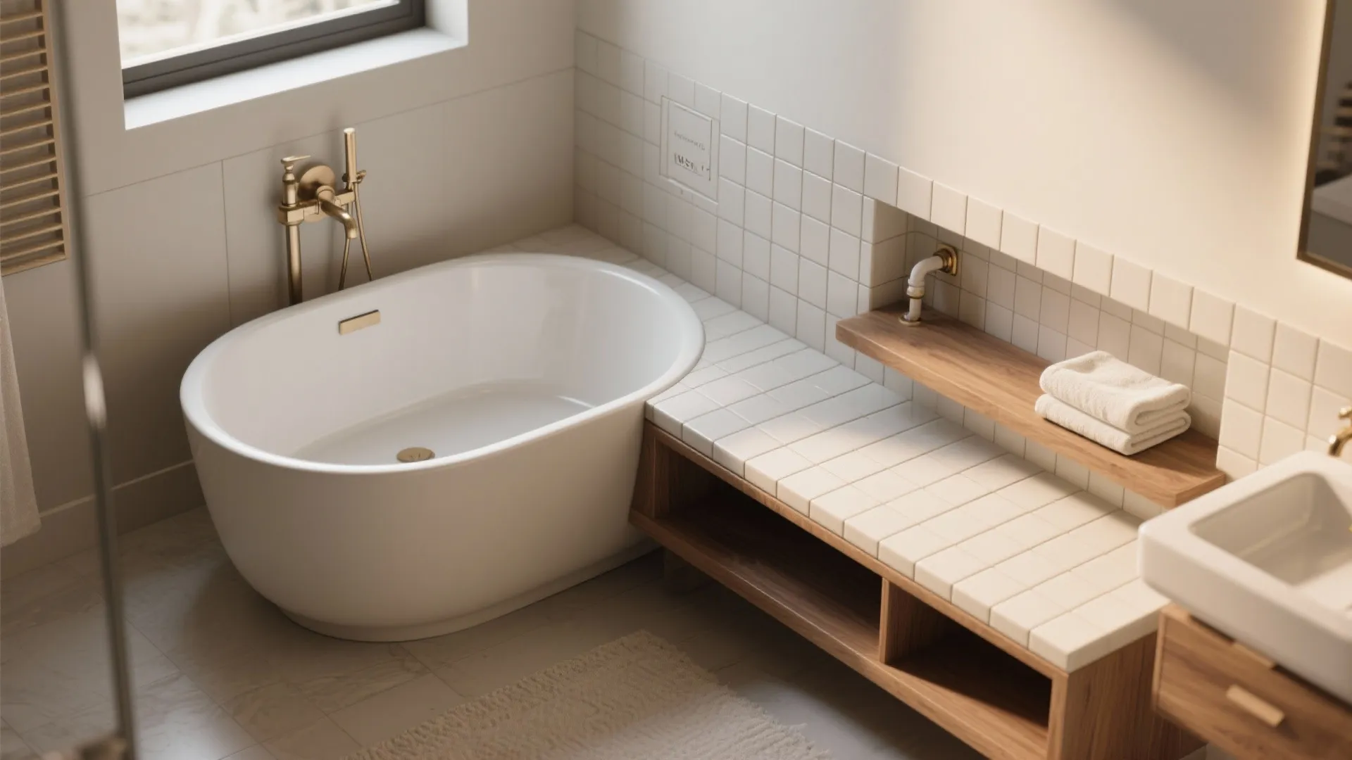 White oval bathtub next to wooden shelf with white tiles gold faucet and sink bowl