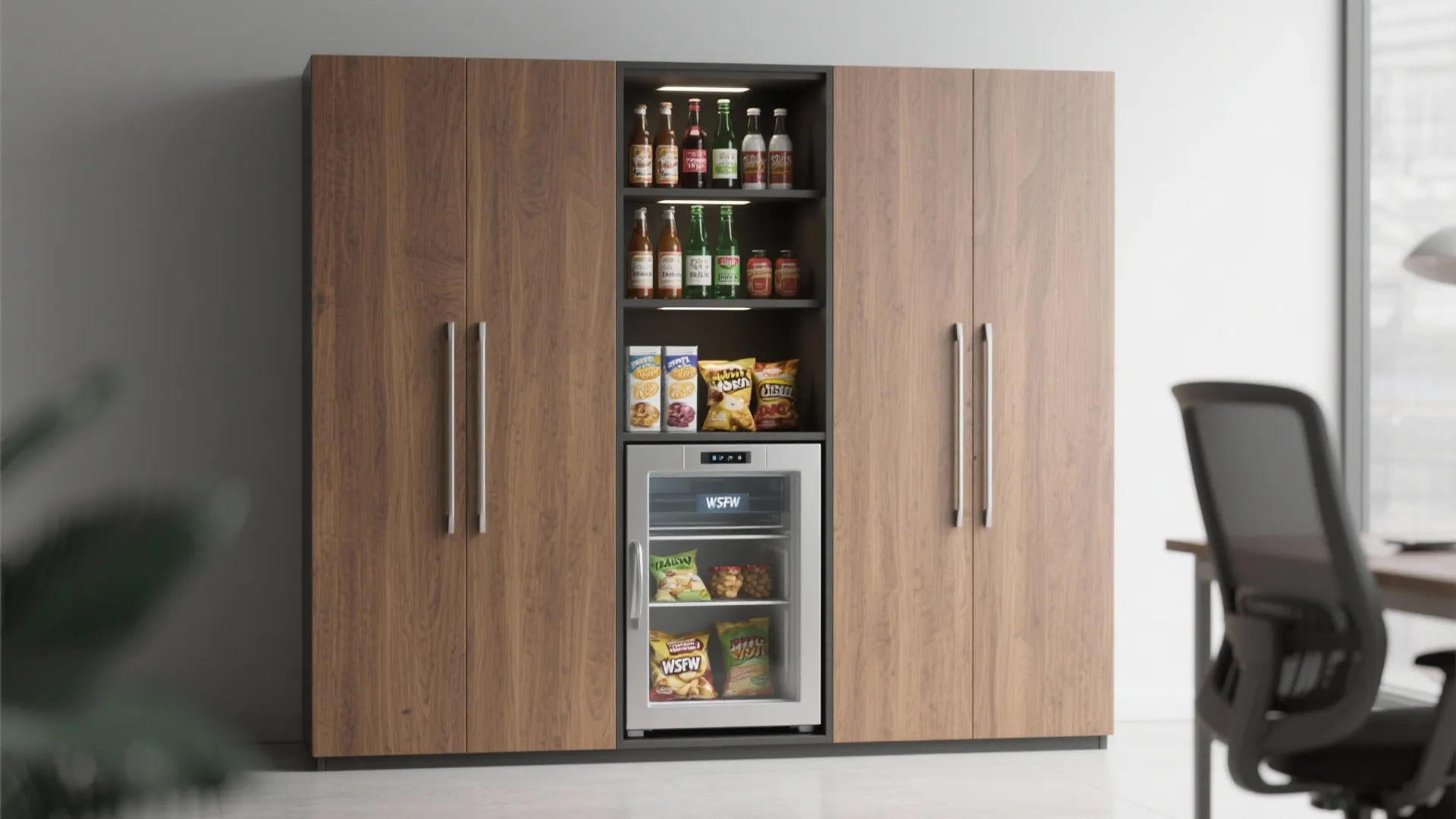 Modern wood cabinet with small fridge and shelves holding various snacks and drinks in office