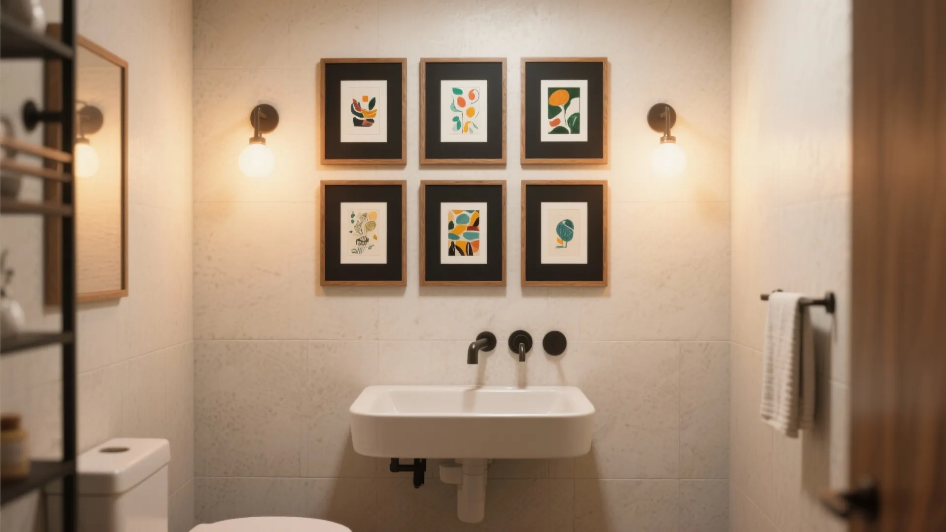 Curated 3x2 grid of small framed artworks above a floating sink in a compact bathroom