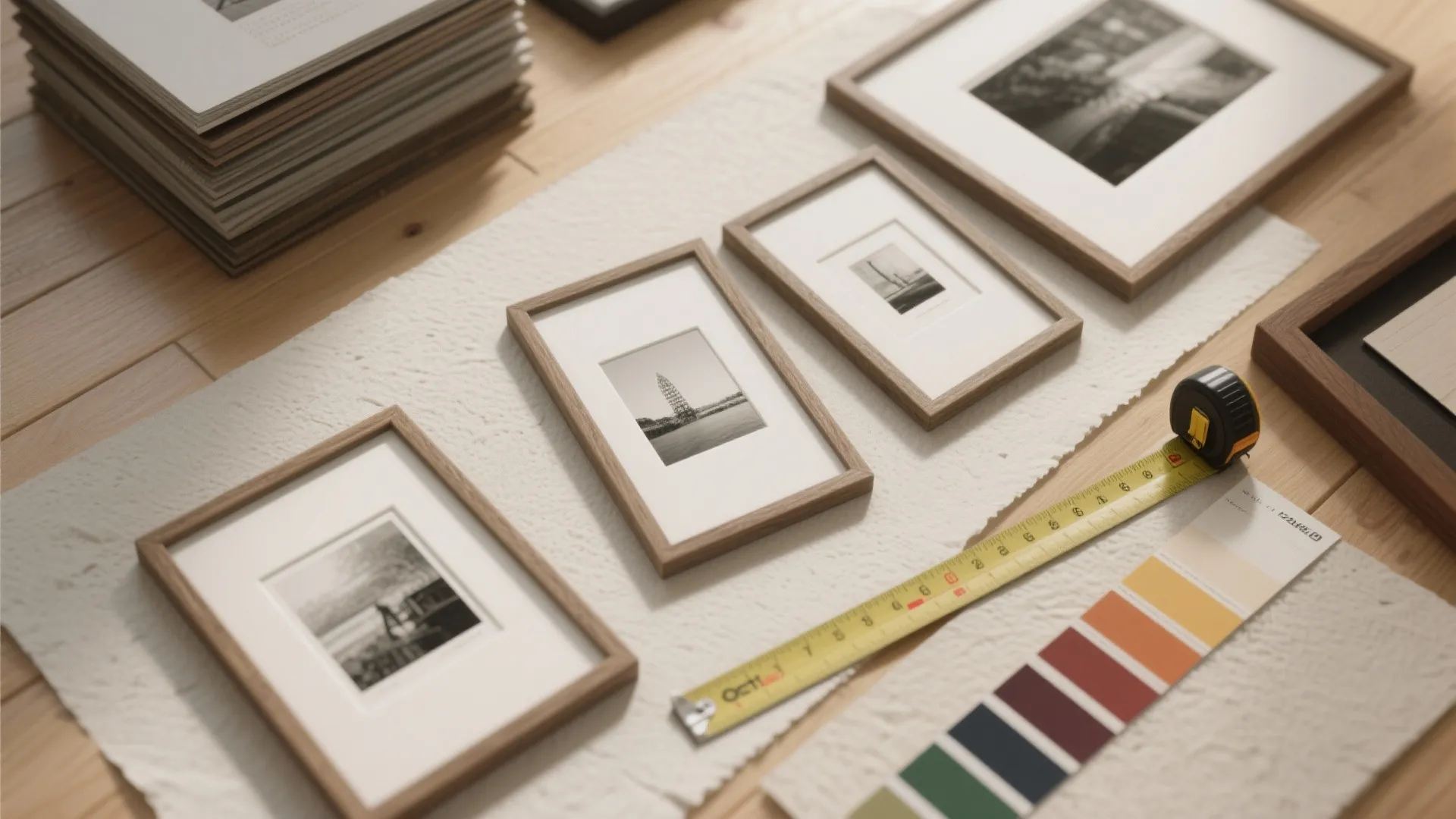 Wooden picture frames on a table with a measuring tape and colorful paint color samples