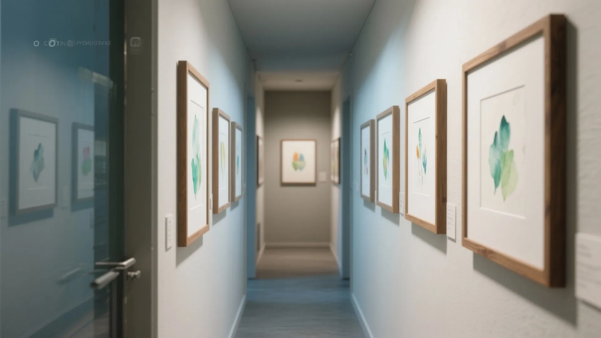 Narrow white hallway lined with wooden framed green leaf art pieces under soft indoor ceiling lights