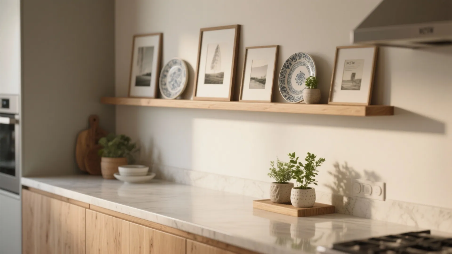 1. Mini Gallery Wall Above a Slim Shelf