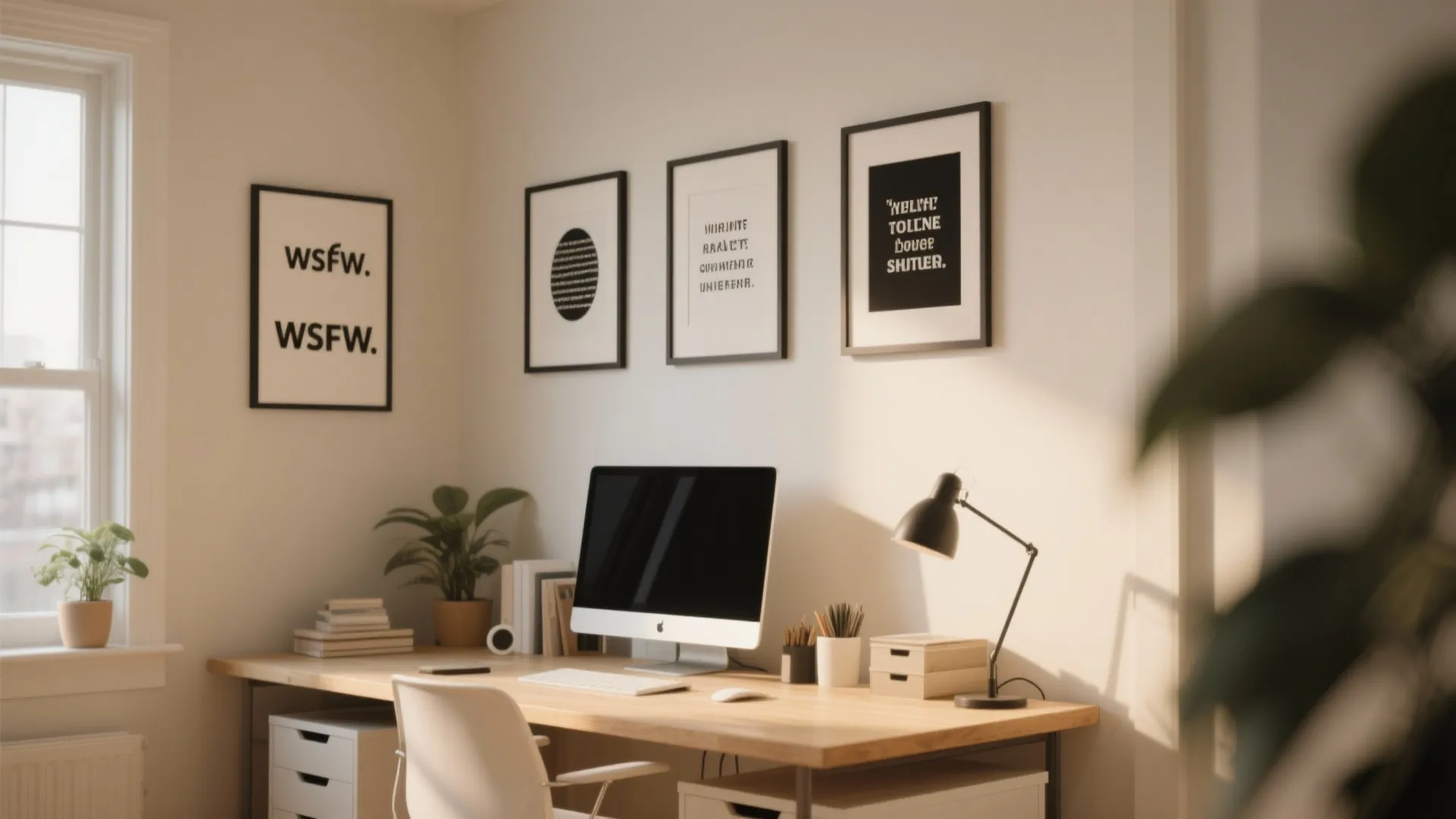 Home office desk with computer, black desk lamp, and four framed minimalist wall art pictures