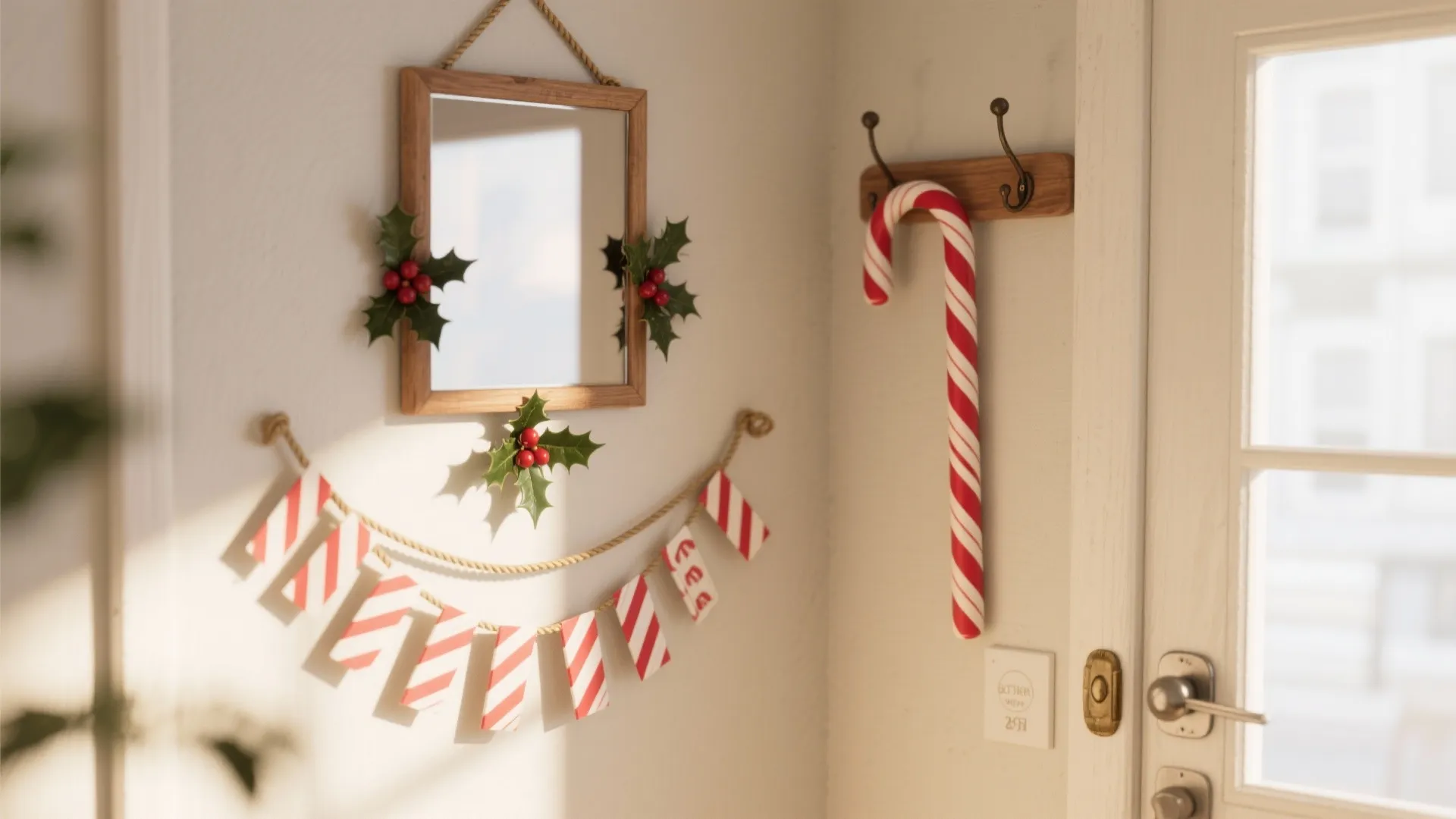 Christmas wall decorations featuring small mirror with holly leaves and red white striped paper banner