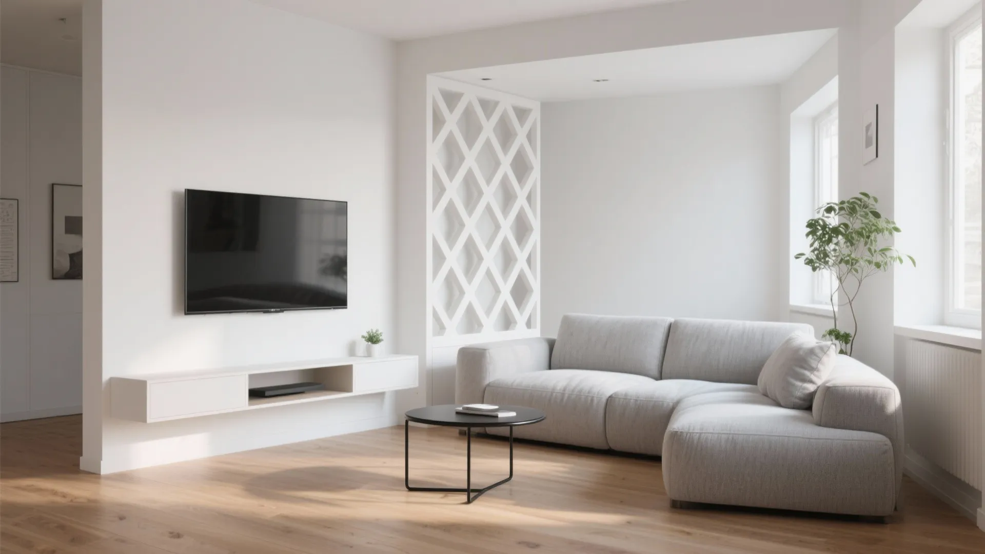 Modern bright living room with grey sofa black coffee table wall panel and television display