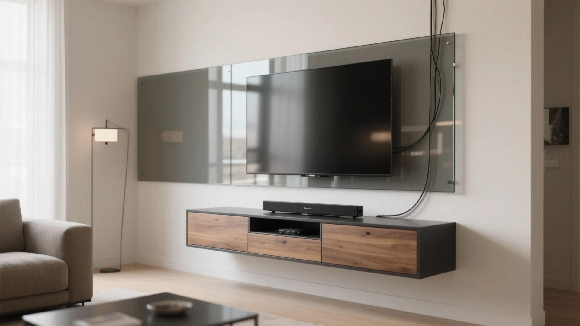 1) Minimalist Glass Media Wall with Hidden Storage