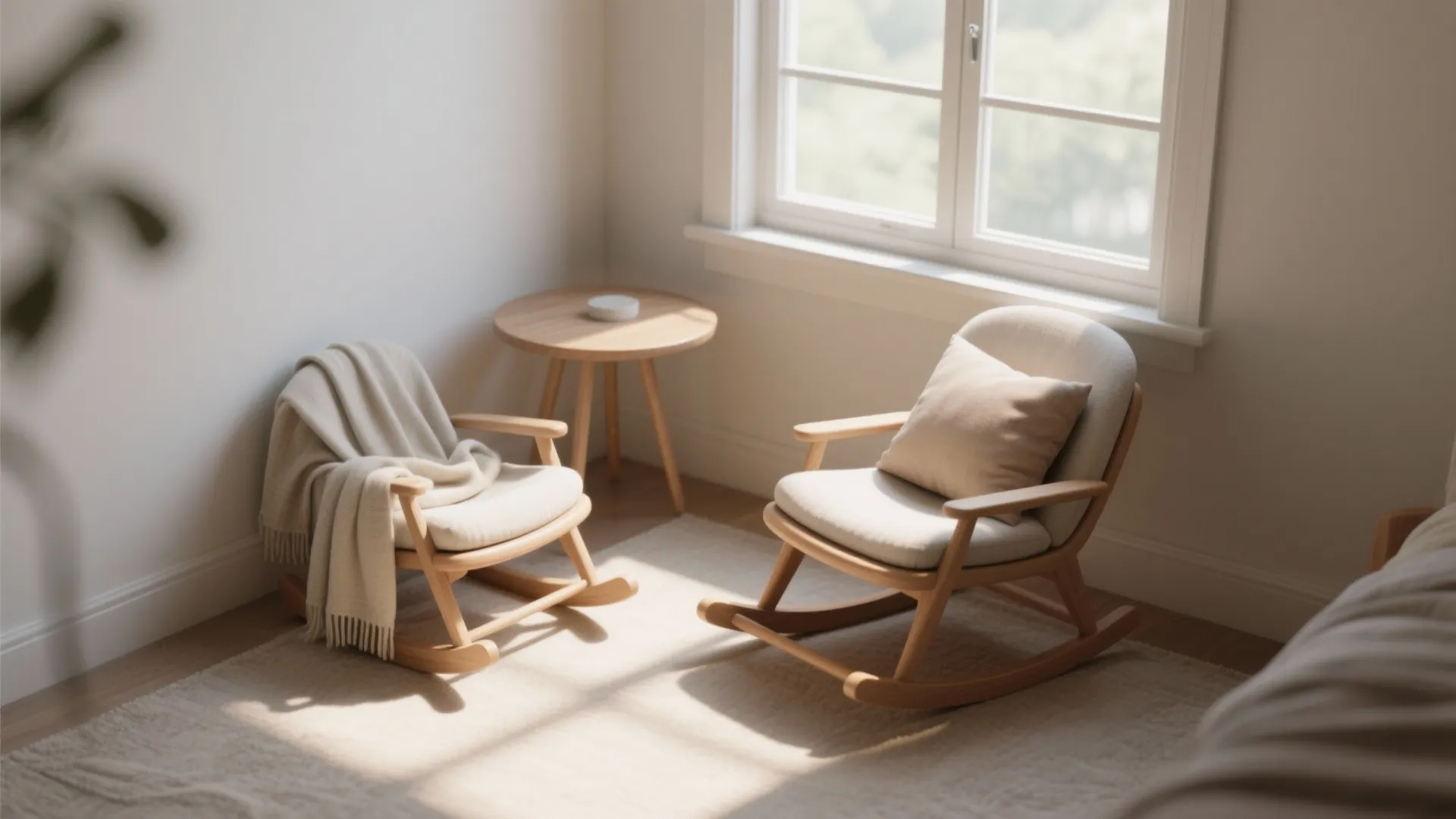Mini rocking glider tucked into a tight window corner with a small side table and sunspot.