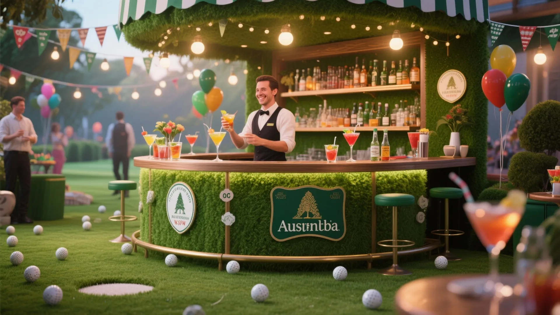 Small party bar decorated with faux turf and golf balls