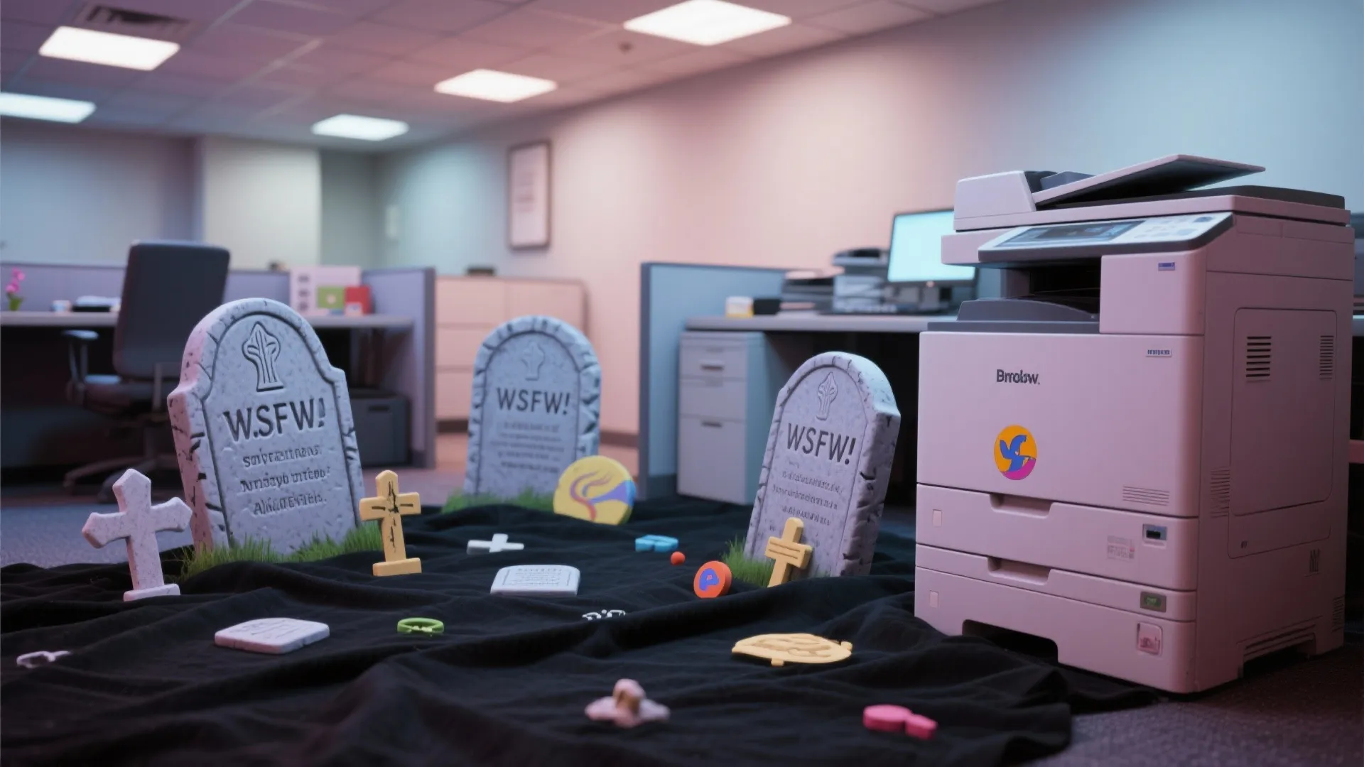 Office room with a white printer next to decorative tombstones on a black floor cloth