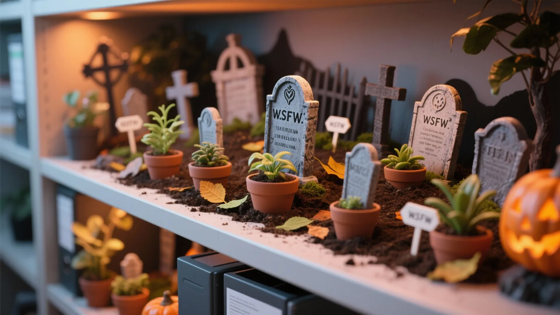 Miniature graveyard on an office shelf with small stone markers green plants and glowing pumpkin