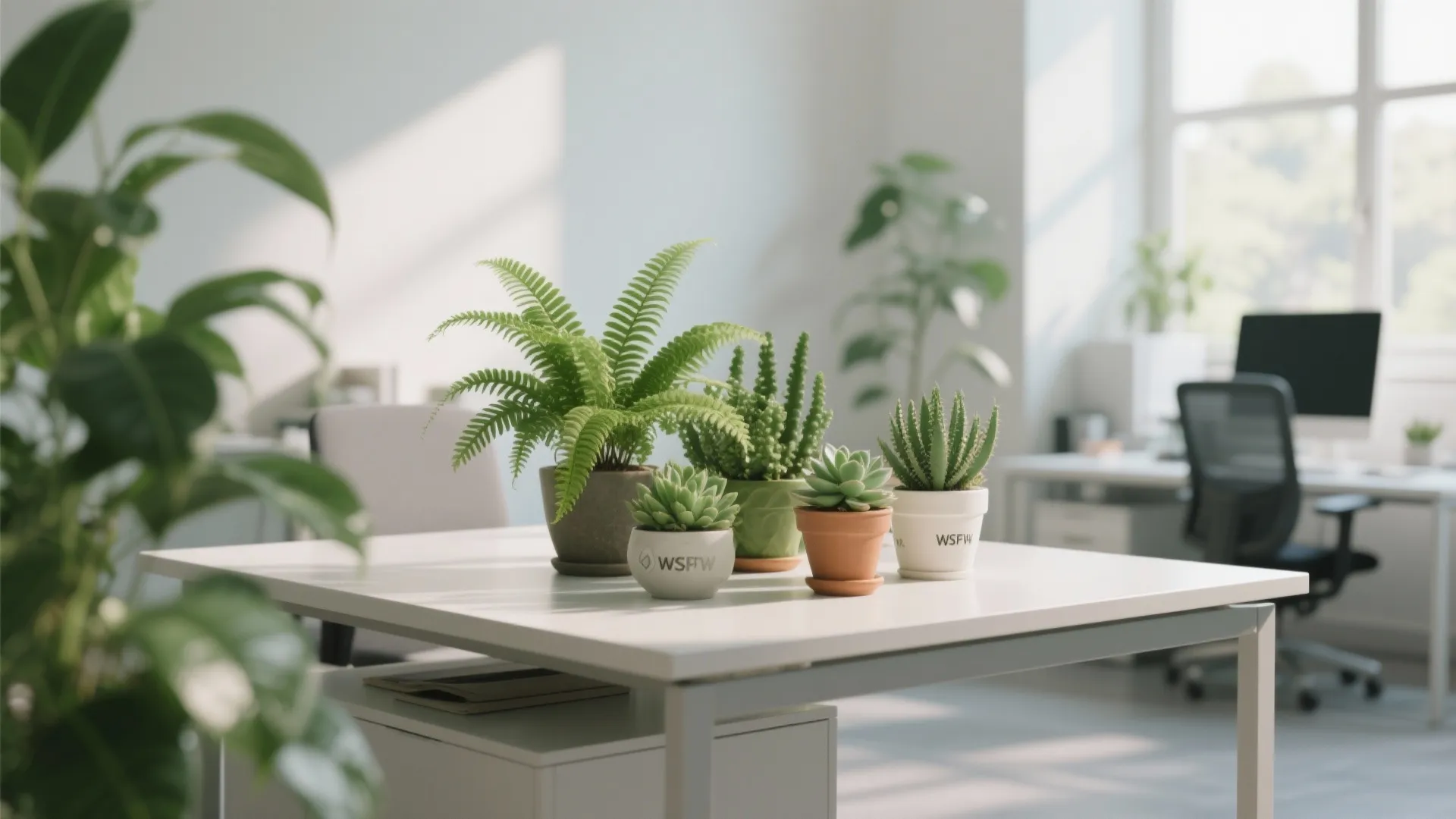 Small green potted plants on white office desk with bright natural light in the background