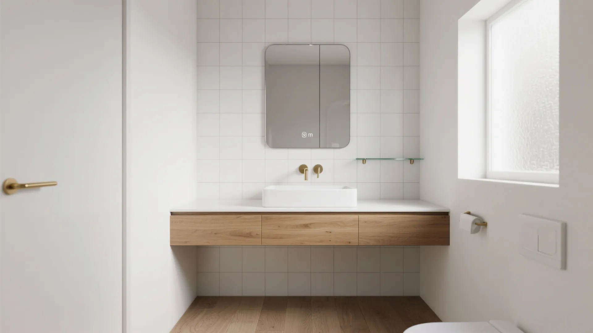 Minimal mirror tile grid for tiny bathrooms