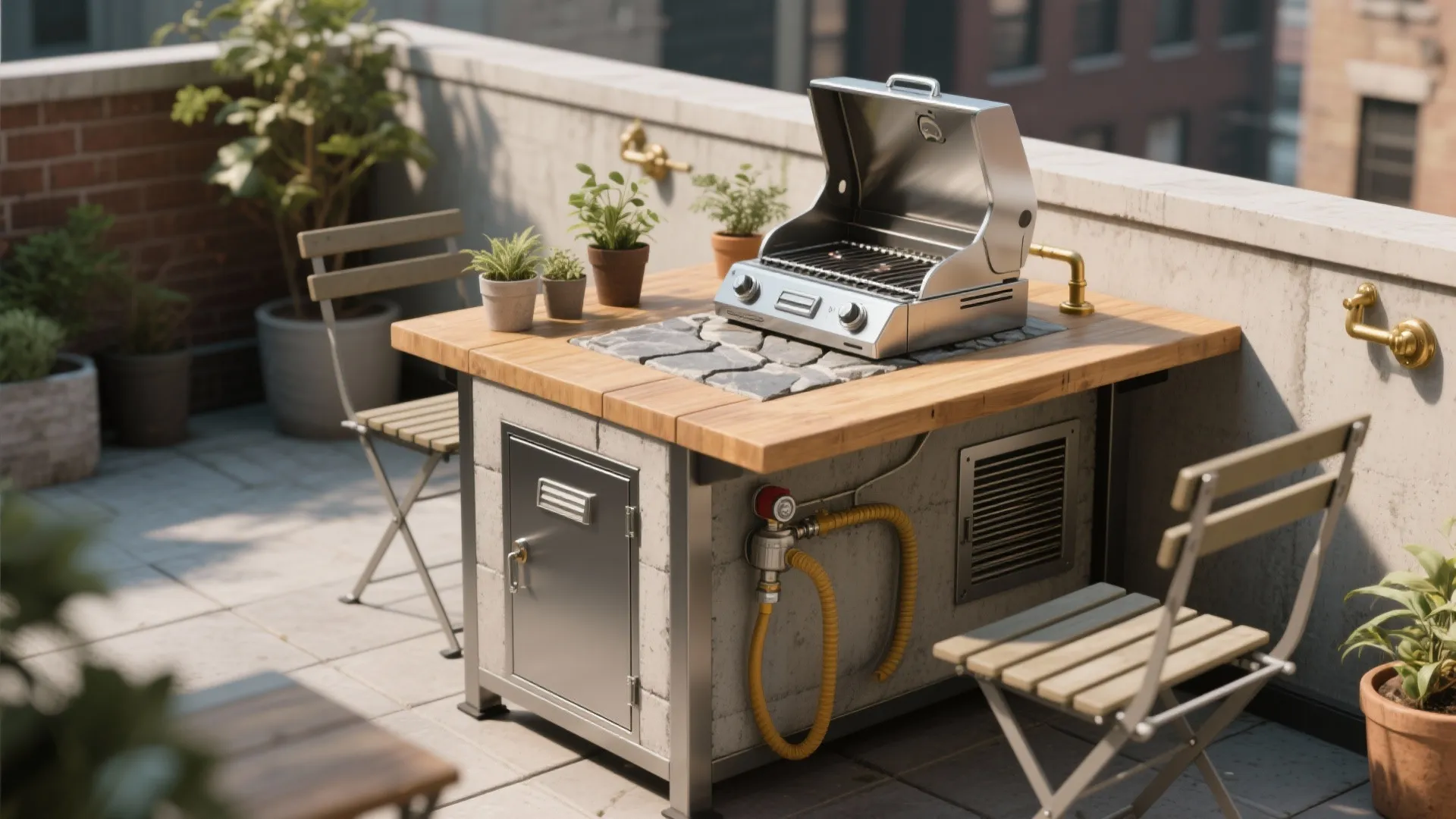 Rooftop patio kitchen island with wood top and metal grill surrounded by folding wooden chairs