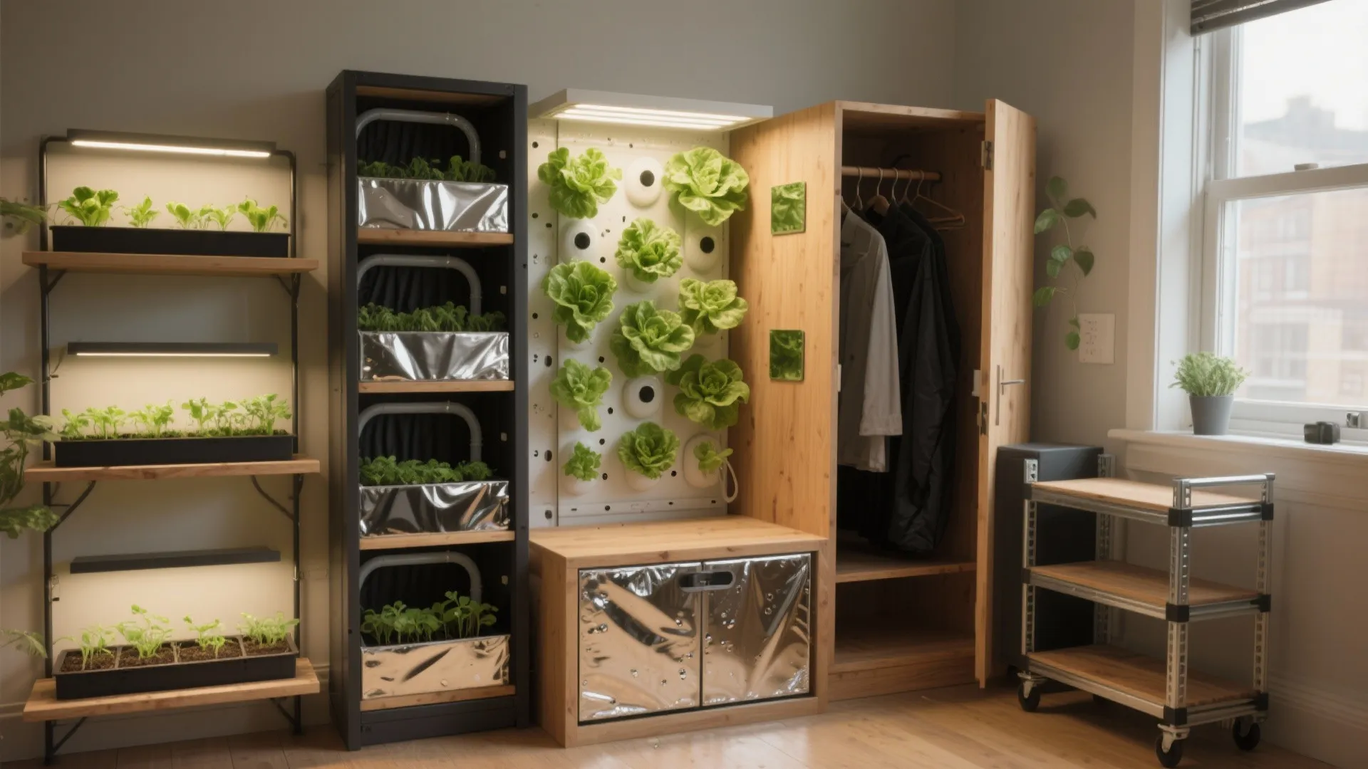 Indoor vertical garden with green lettuce wooden shelves grow lights plant cabinet and natural light