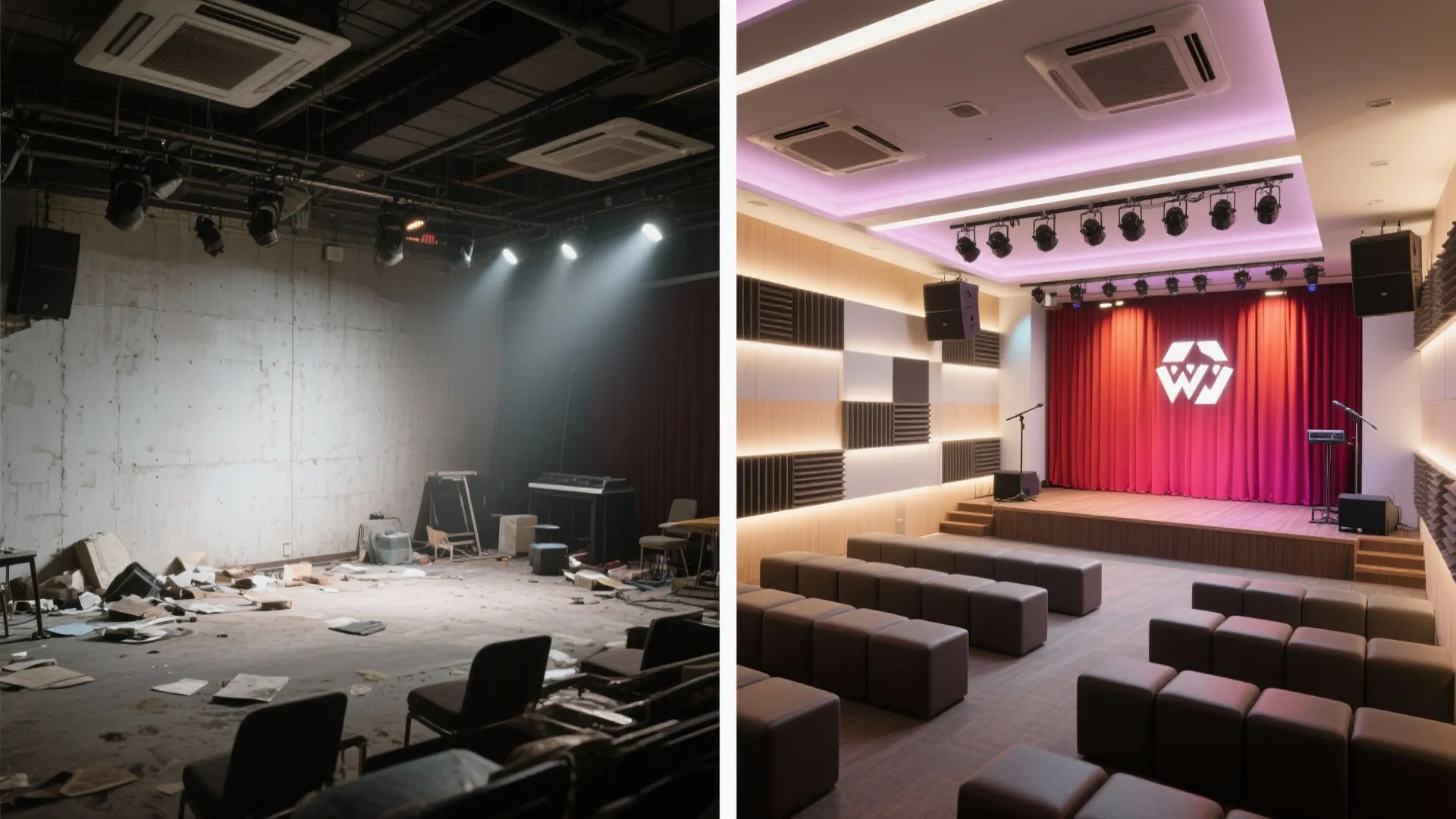 Before-and-after of a mini hall showing upgrades to seating, lighting, acoustics, and stage.