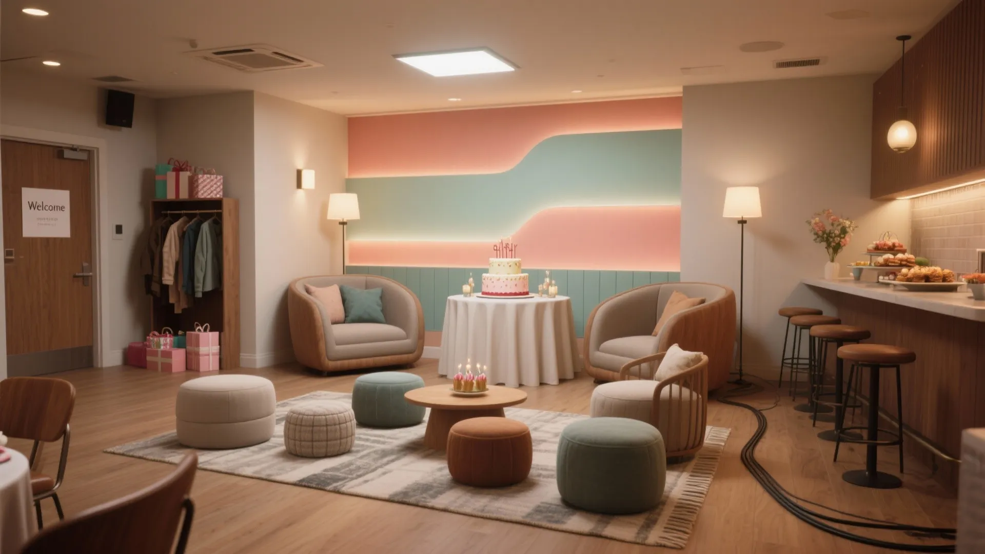 Birthday party room with pink wall lights, round table with cake, sofas, and colorful footrests