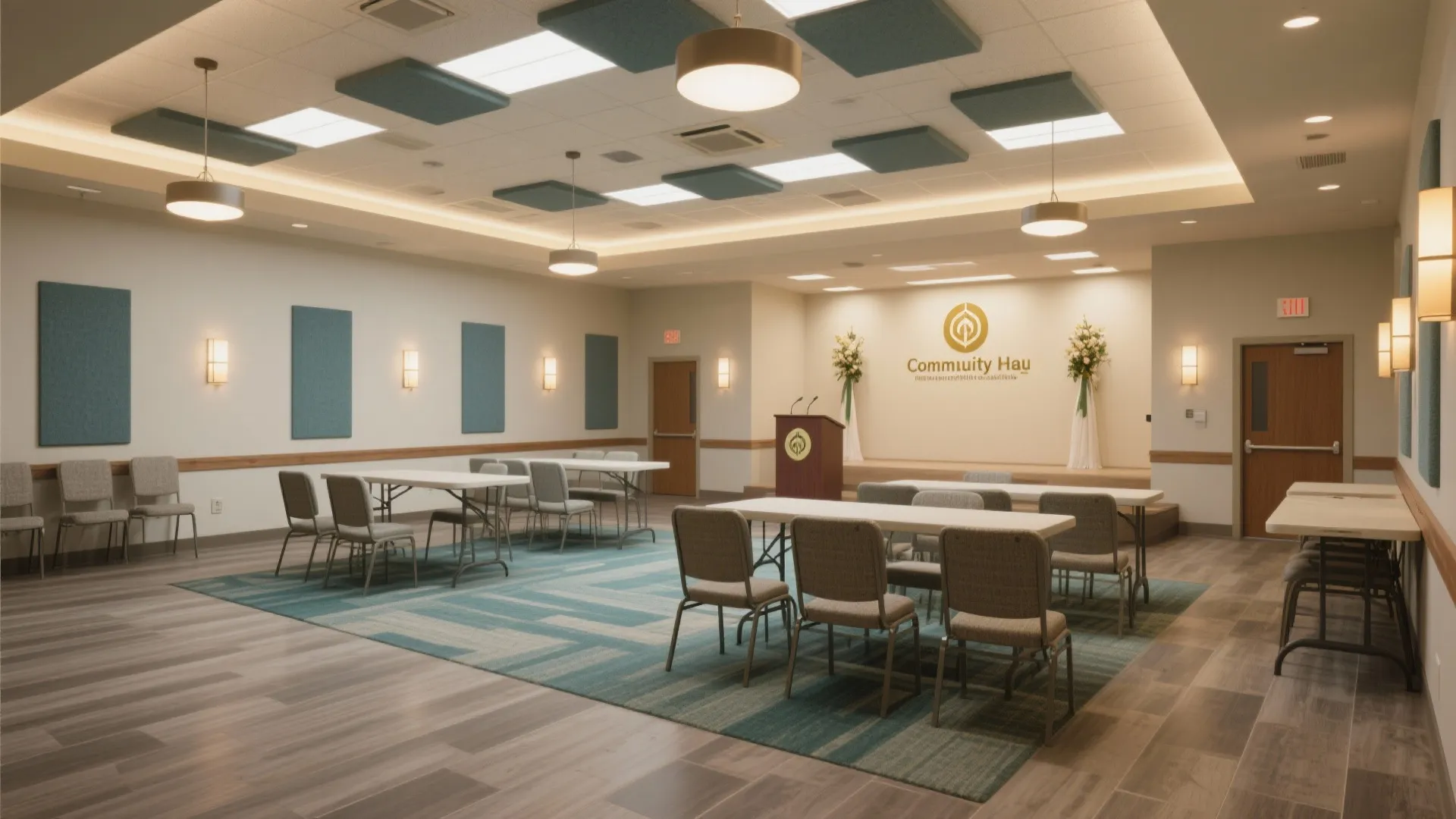 Spacious community hall with tables and chairs for meetings featuring wooden podium and ceiling lights