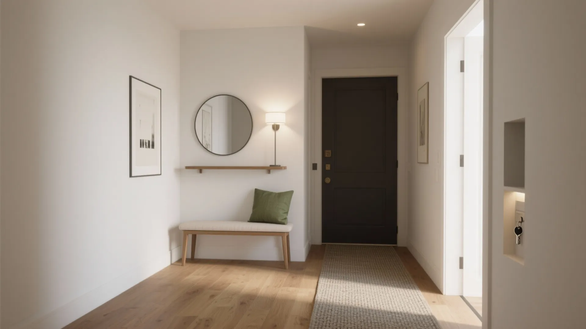Modern home entryway with black door round wall mirror small wood shelf bench and green pillow