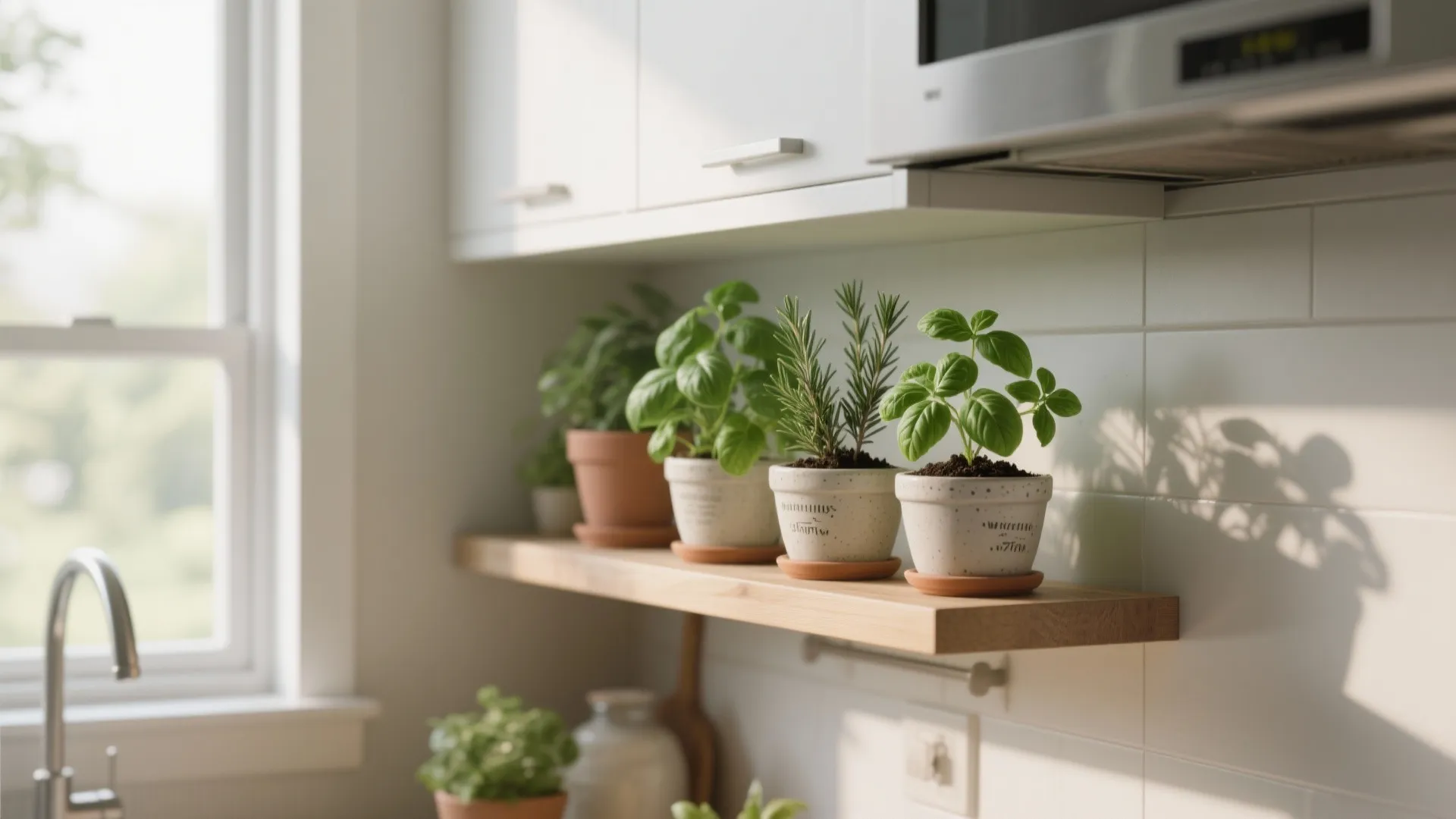 Small green herb plants in white pots sitting on wooden shelf in bright modern white kitchen