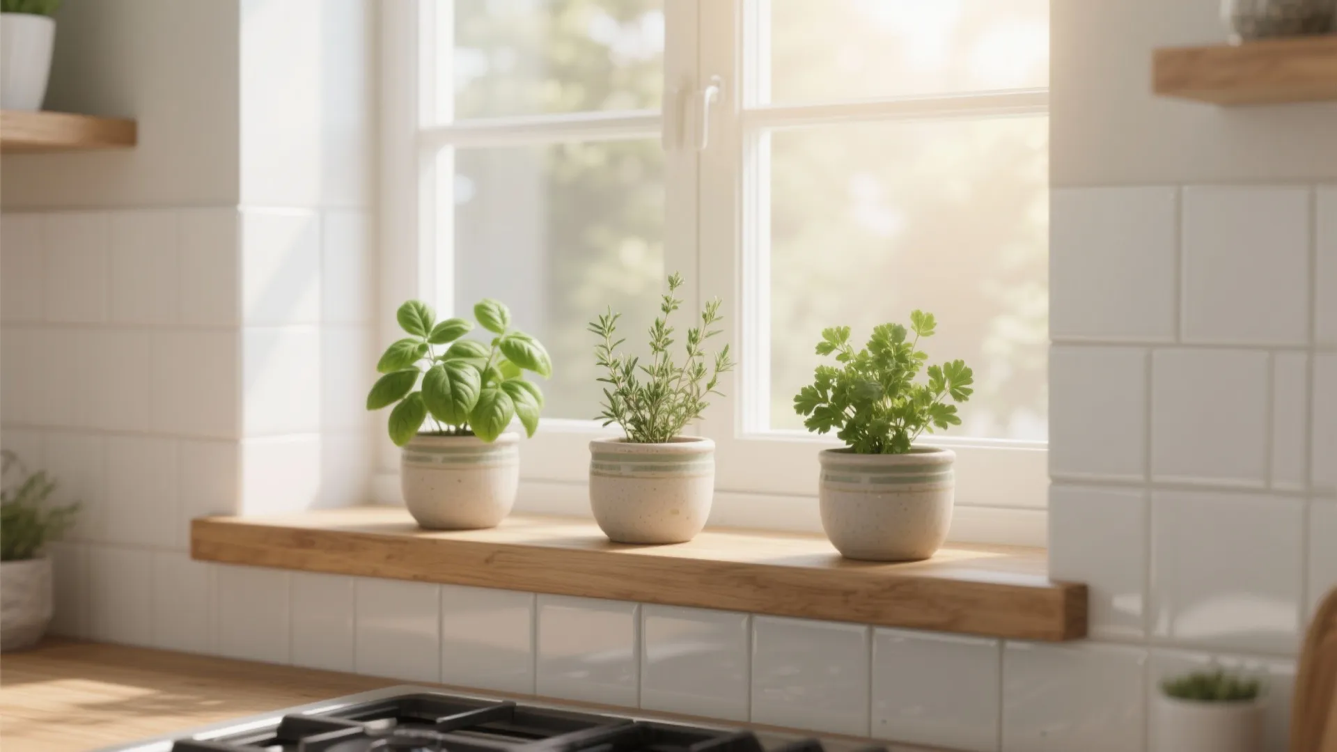 Three small green herb plants in white pots on wooden shelf by bright kitchen window tiles