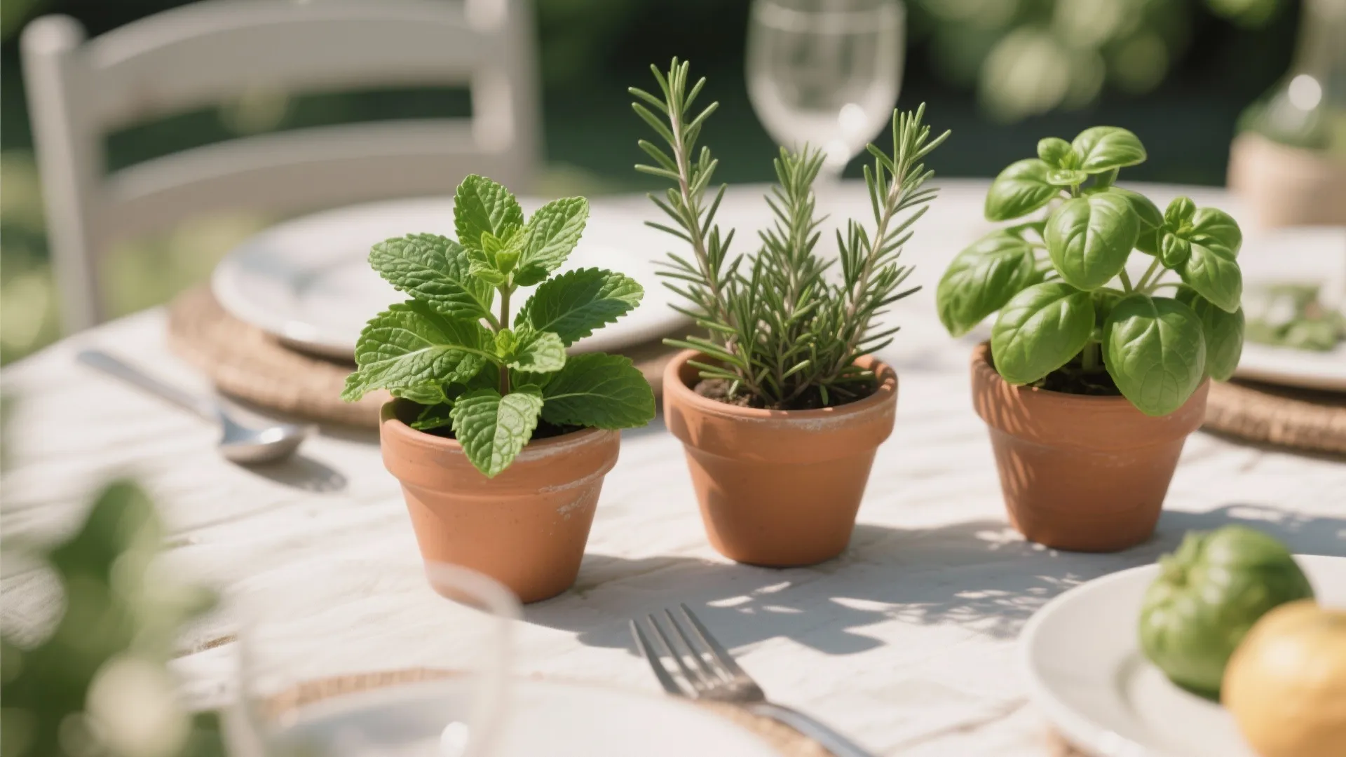 Three small clay pots with green herbs sitting on a white outdoor table during daytime