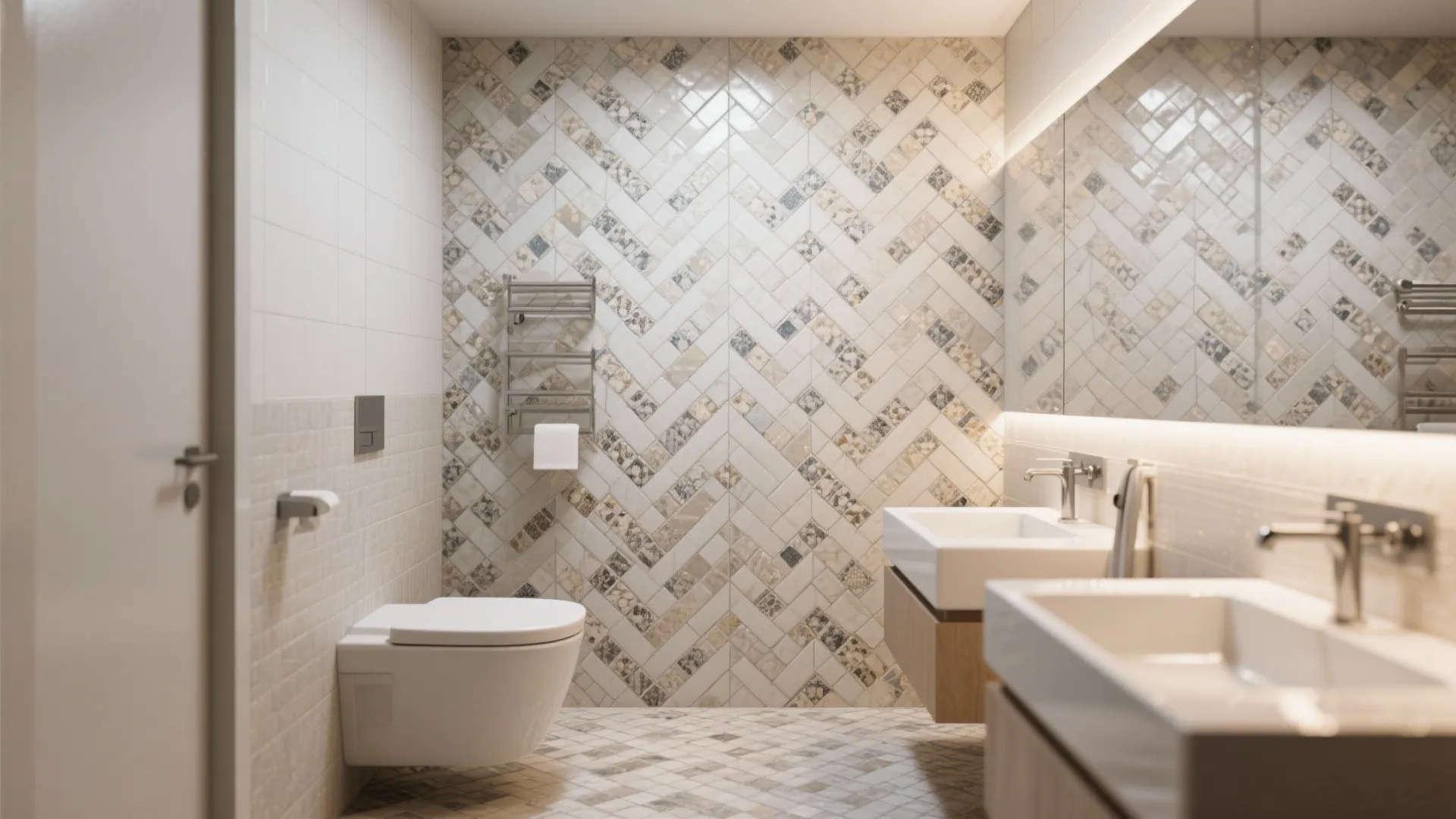 Modern bathroom with patterned herringbone wall tiles, white toilet, and wood vanity under large mirror