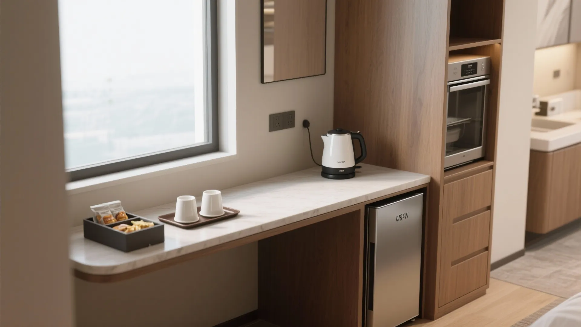 5. Compact hospitality corner with kitchenette vibes