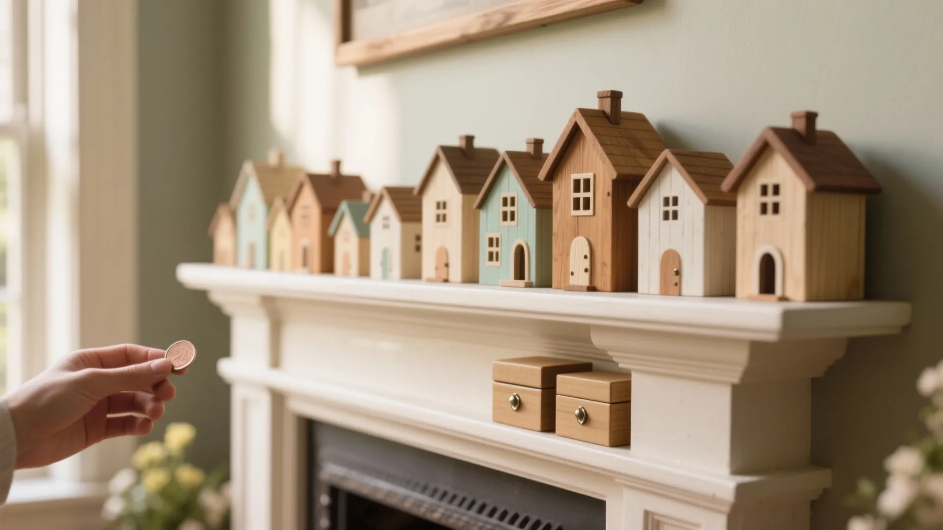 Miniature wooden toy houses lined up on a white fireplace mantel with hand holding a coin