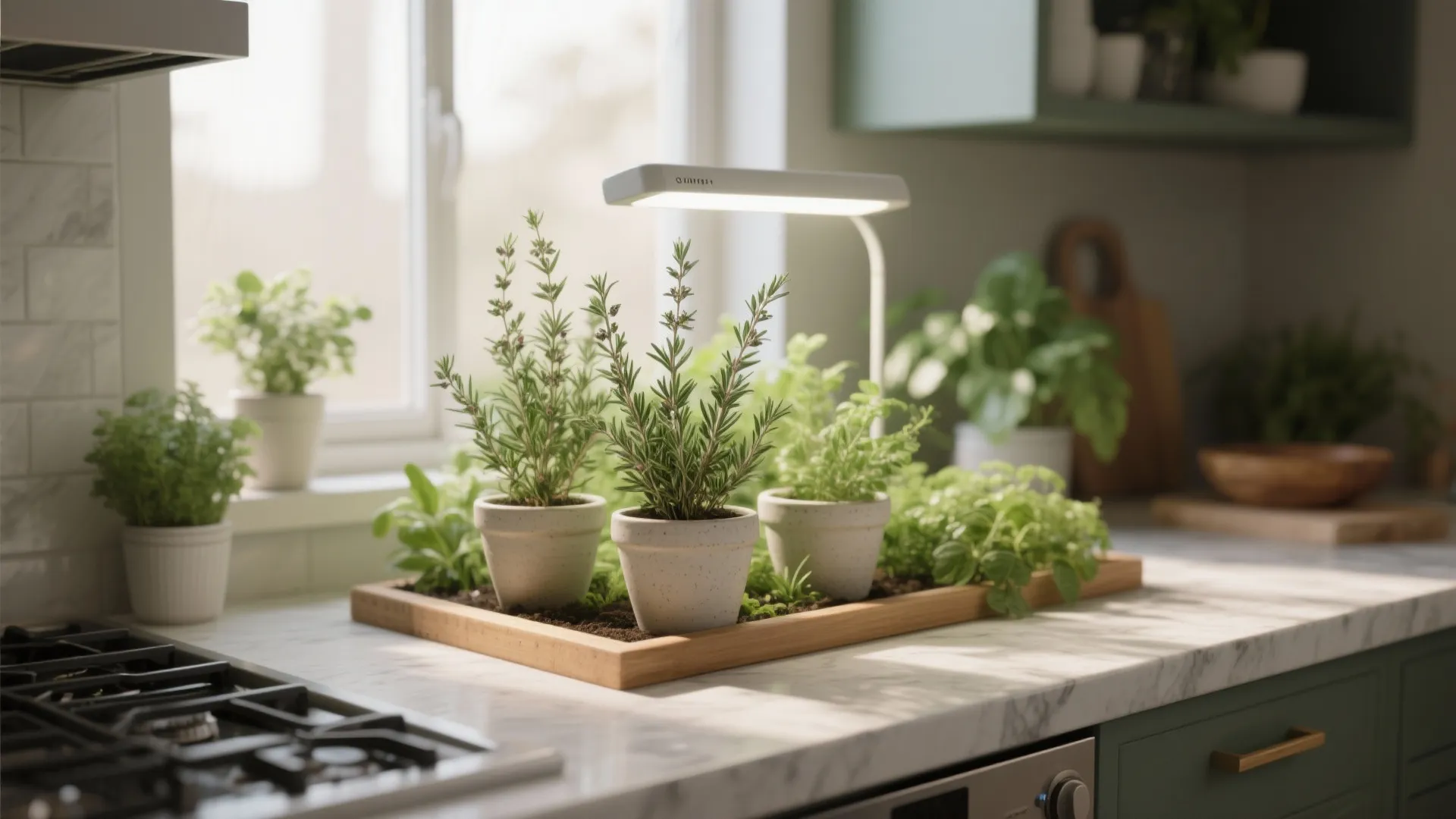 Small potted herbs growing in wooden tray under a light fixture on a marble kitchen counter