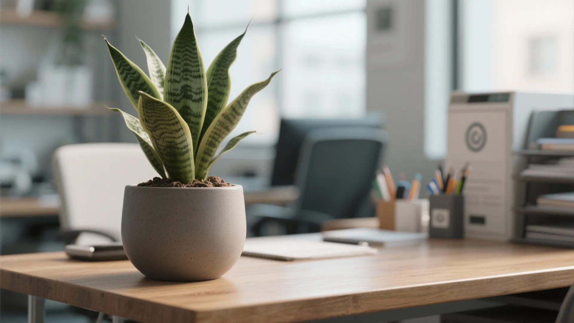 Snake plant in ceramic pot on a wooden office desk