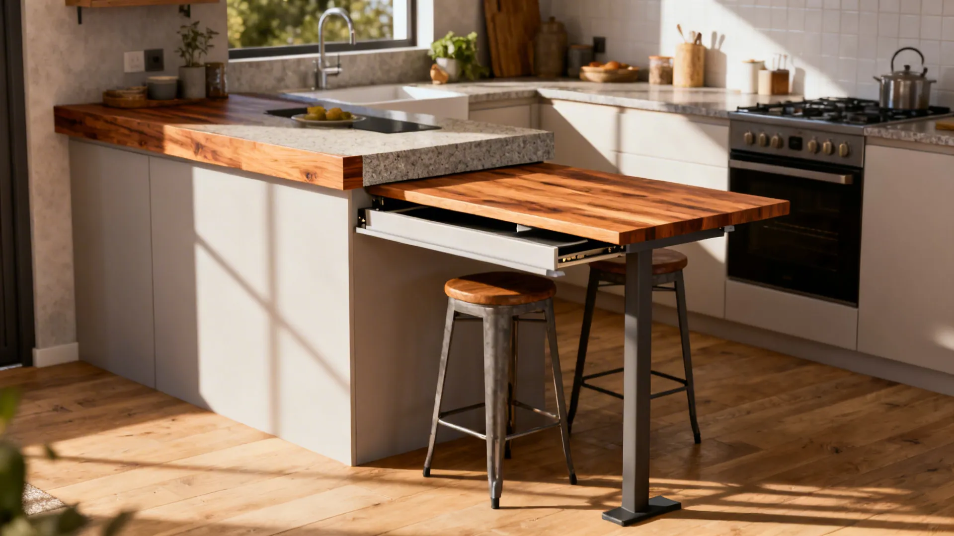 Small kitchen with a converted counter overhang serving as multi-use island and seating