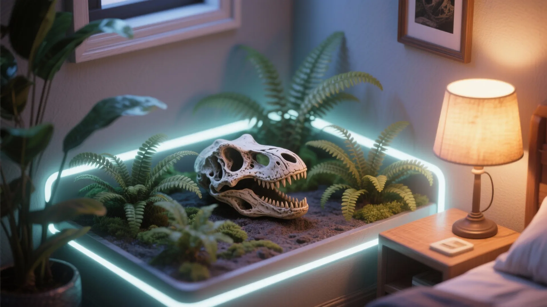 4. Mini Jurassic Corner: Faux Terrarium and Soft Lighting