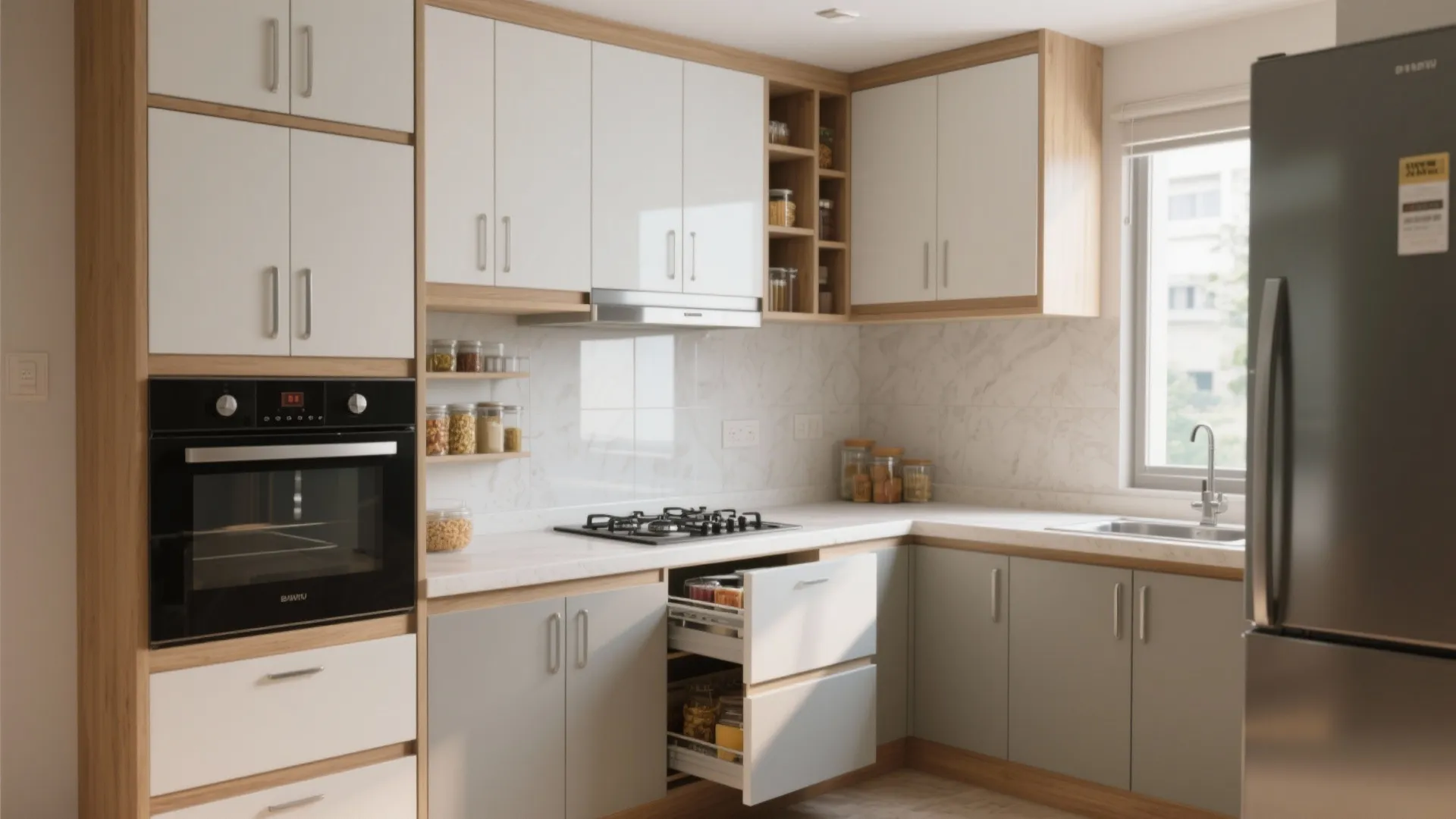 Modern kitchen with white upper cabinets grey lower cabinets black oven gas stove and silver sink