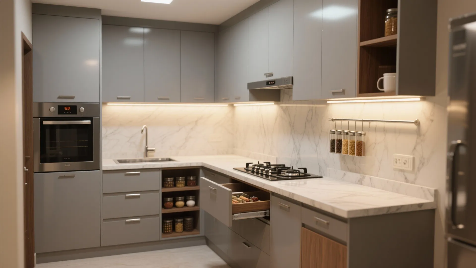 Modern grey kitchen with marble backsplash built in oven gas stove and warm cabinet lighting