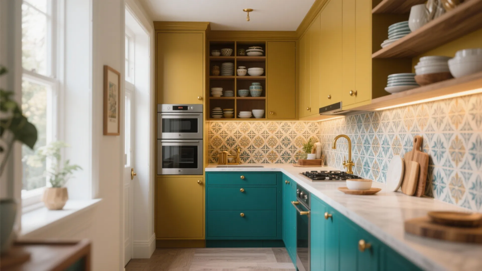 Small modern kitchen with yellow cabinets teal cabinets patterned tiles and built in double oven