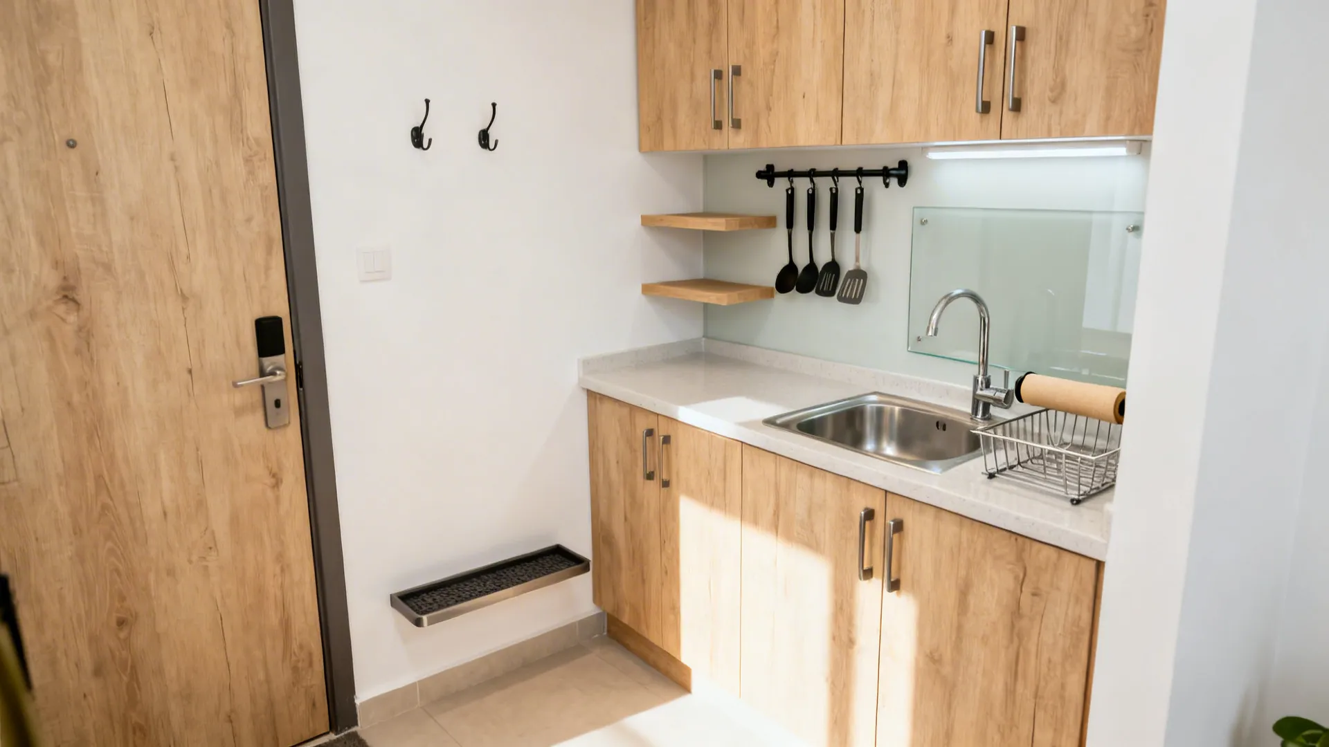 Compact kitchenette with magnetic rail and glass backsplash beside an entry drop-zone with hooks and tray.