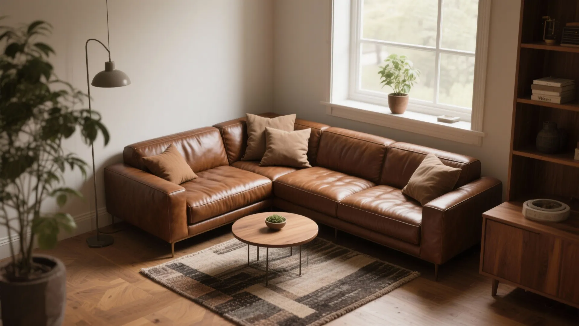 Cozy living room corner with brown leather sofa wooden coffee table floor lamp and green plant