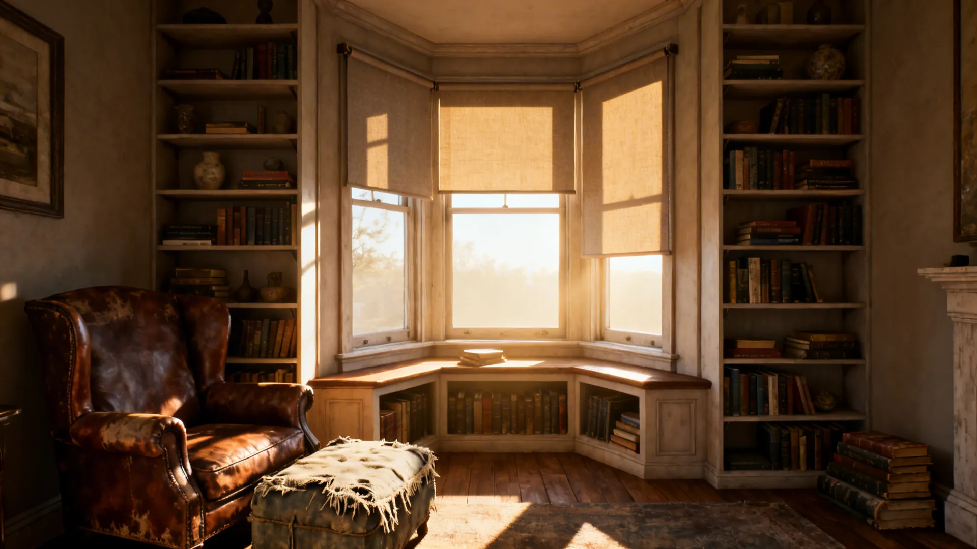 Warm reading nook with leather chair footrest tall bookshelves and sunny window seat in room