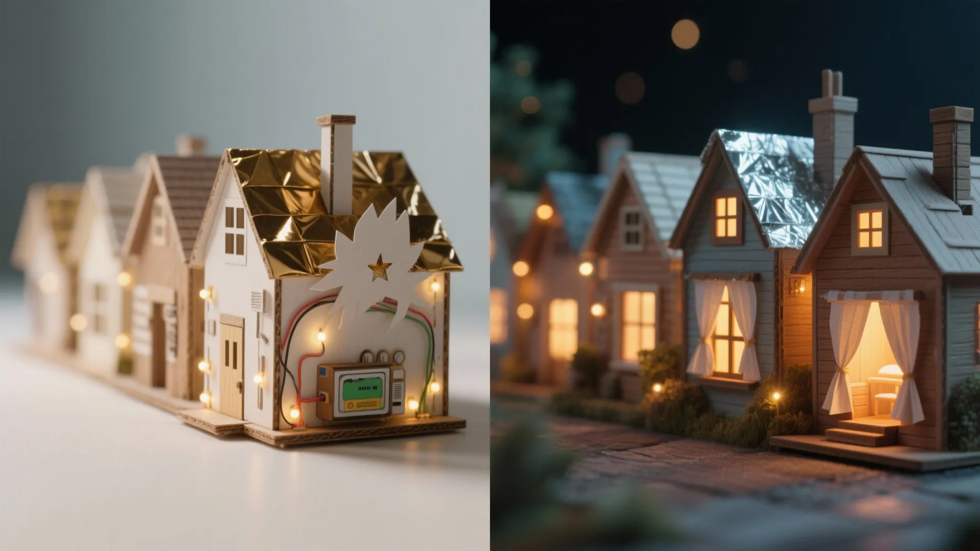 Handmade tiny house models with gold roofs and small warm lights shown in night view