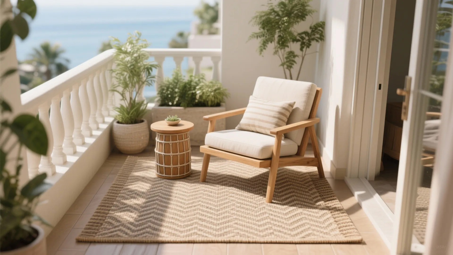 Outdoor Rug + Slim Lounge Chair for a Mini Living Room Vibe