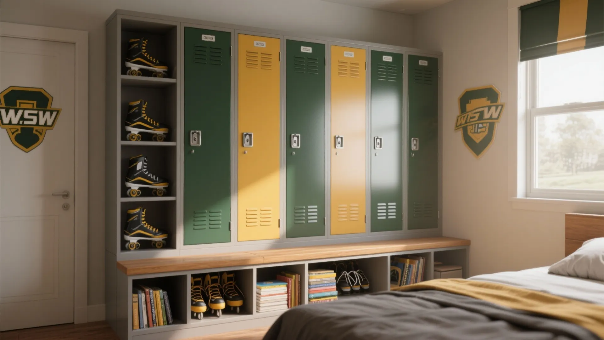 Green and yellow metal lockers and shelves with roller skates in a sports themed bedroom