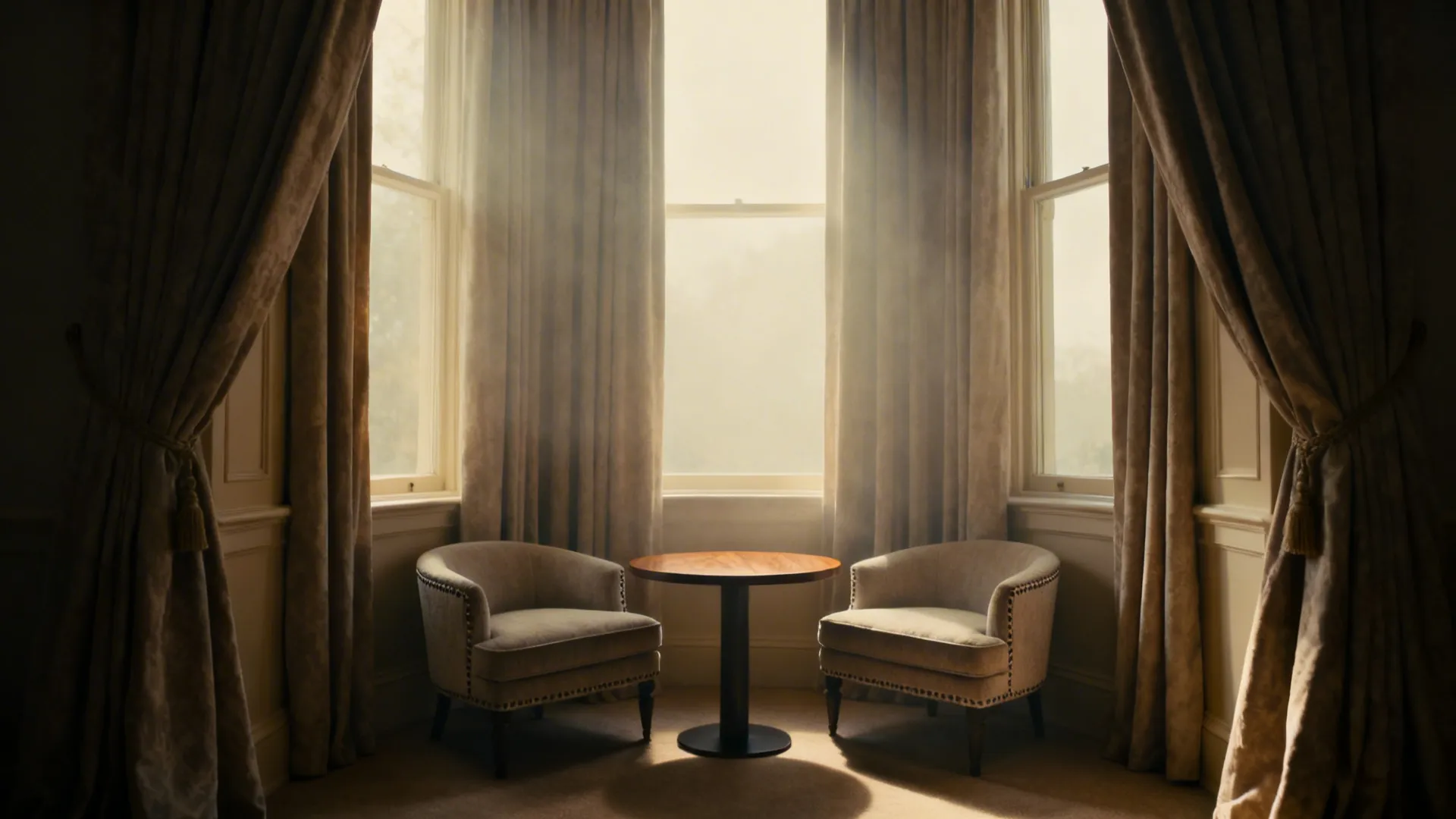 Two beige armchairs and small wooden table by windows with long curtains and soft sunlight