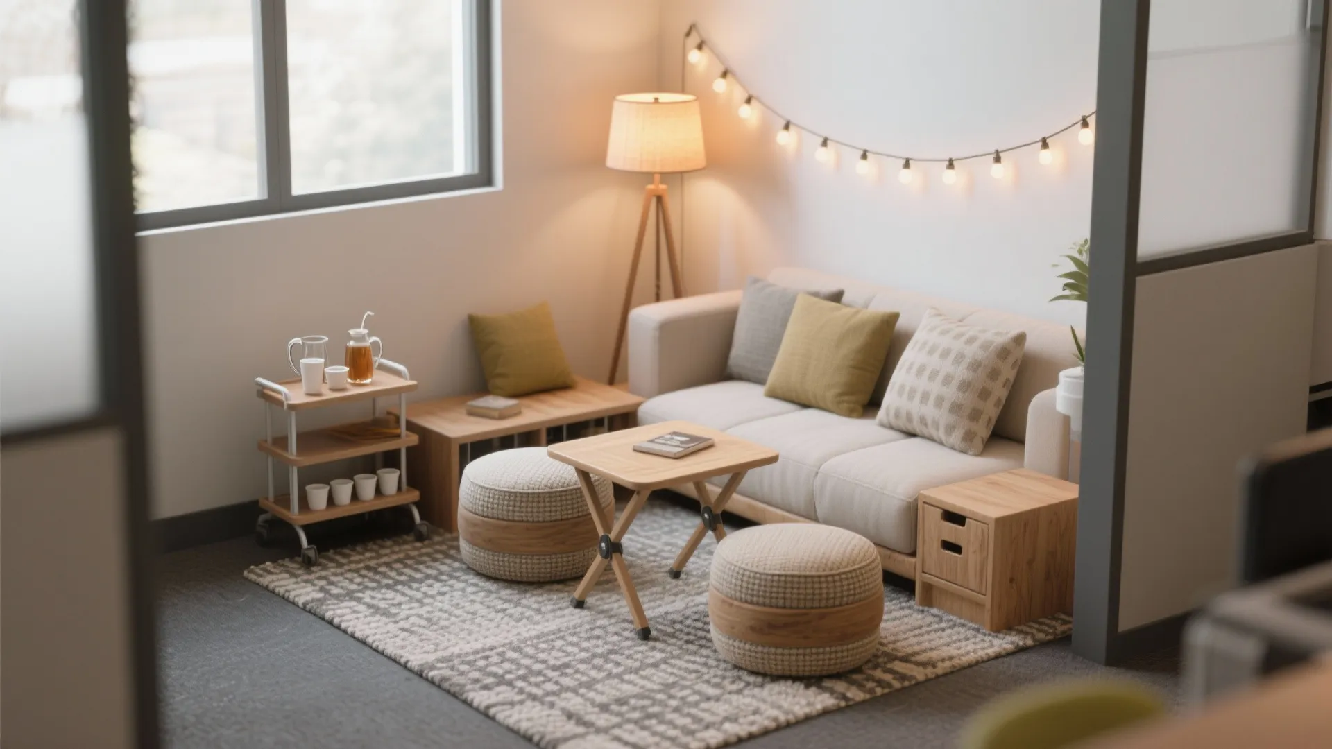 Cozy office lounge area with white sofa wooden table two footrests string lights and rug