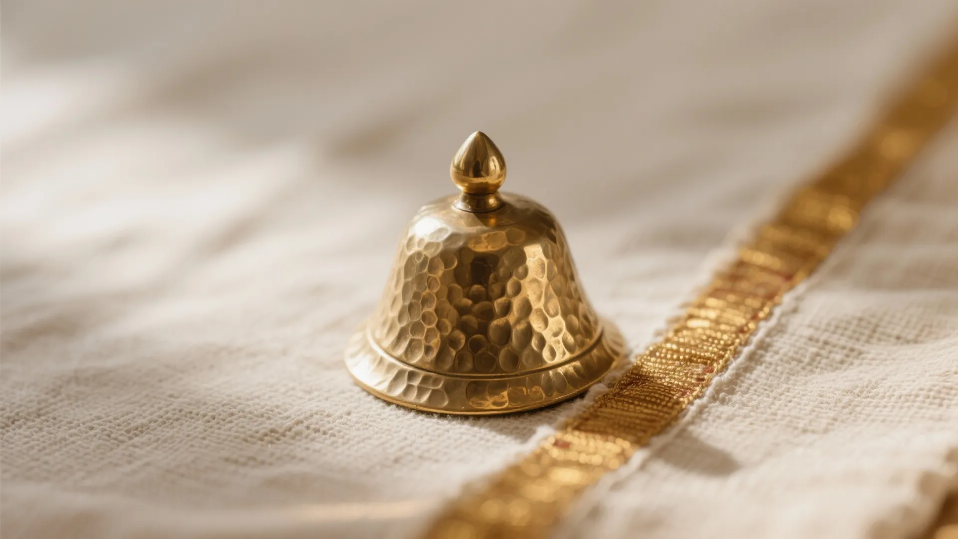Macro view of a hammered-brass bell beside a linen-lined natural-fiber pooja koodai.