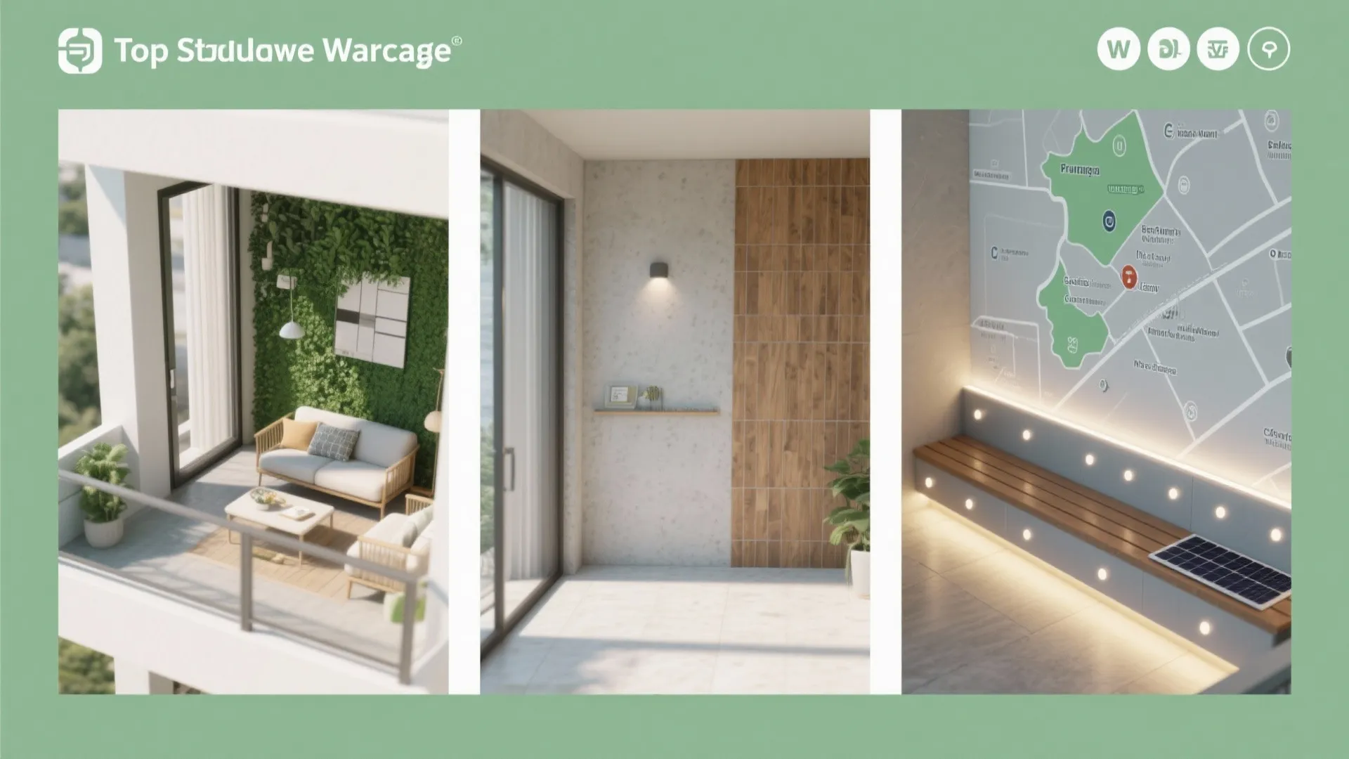 Three top-down frames showing zoning, material selection, and lighting for a balcony.