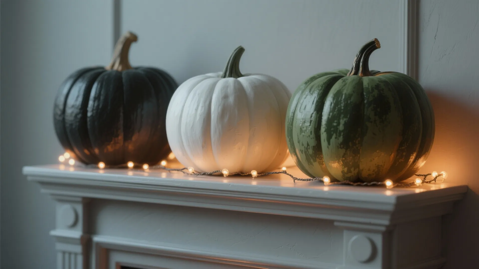 Compact mantel with three painted pumpkins in graduated sizes and warm LED accents.