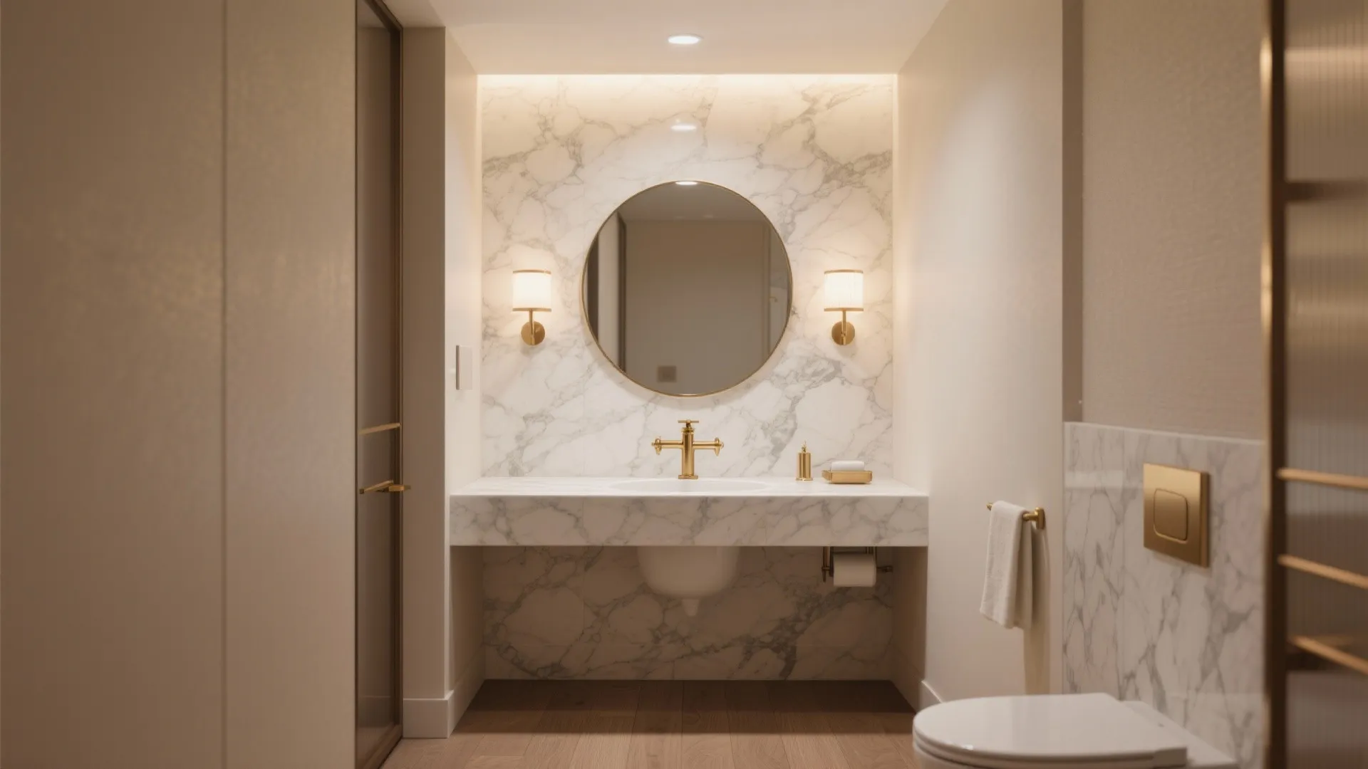 Small bathroom featuring marble wall round mirror gold faucet wall lights and white toilet with floor