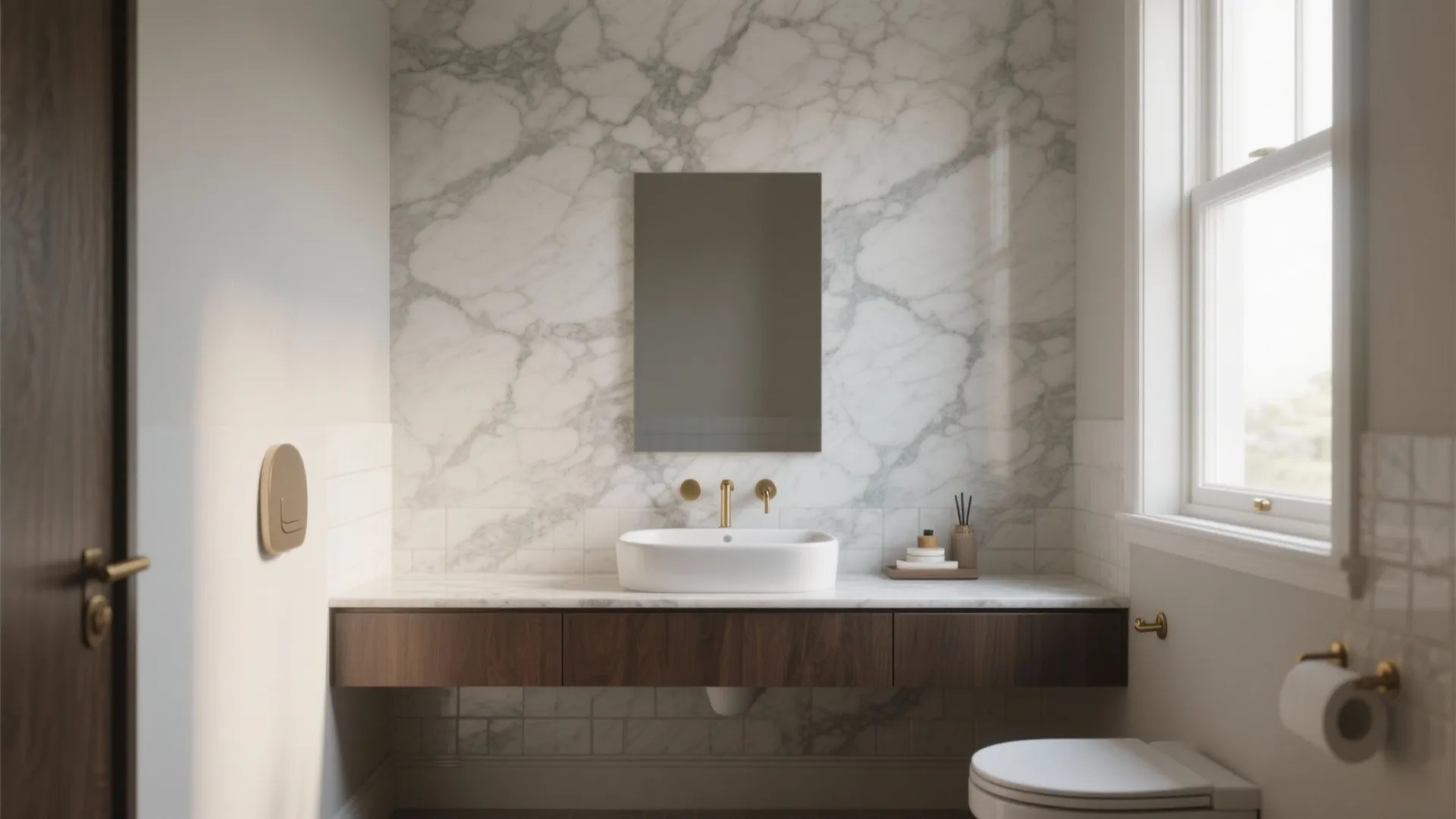 Modern bathroom with white marble wall tiles wooden cabinet white sink mirror and bright light