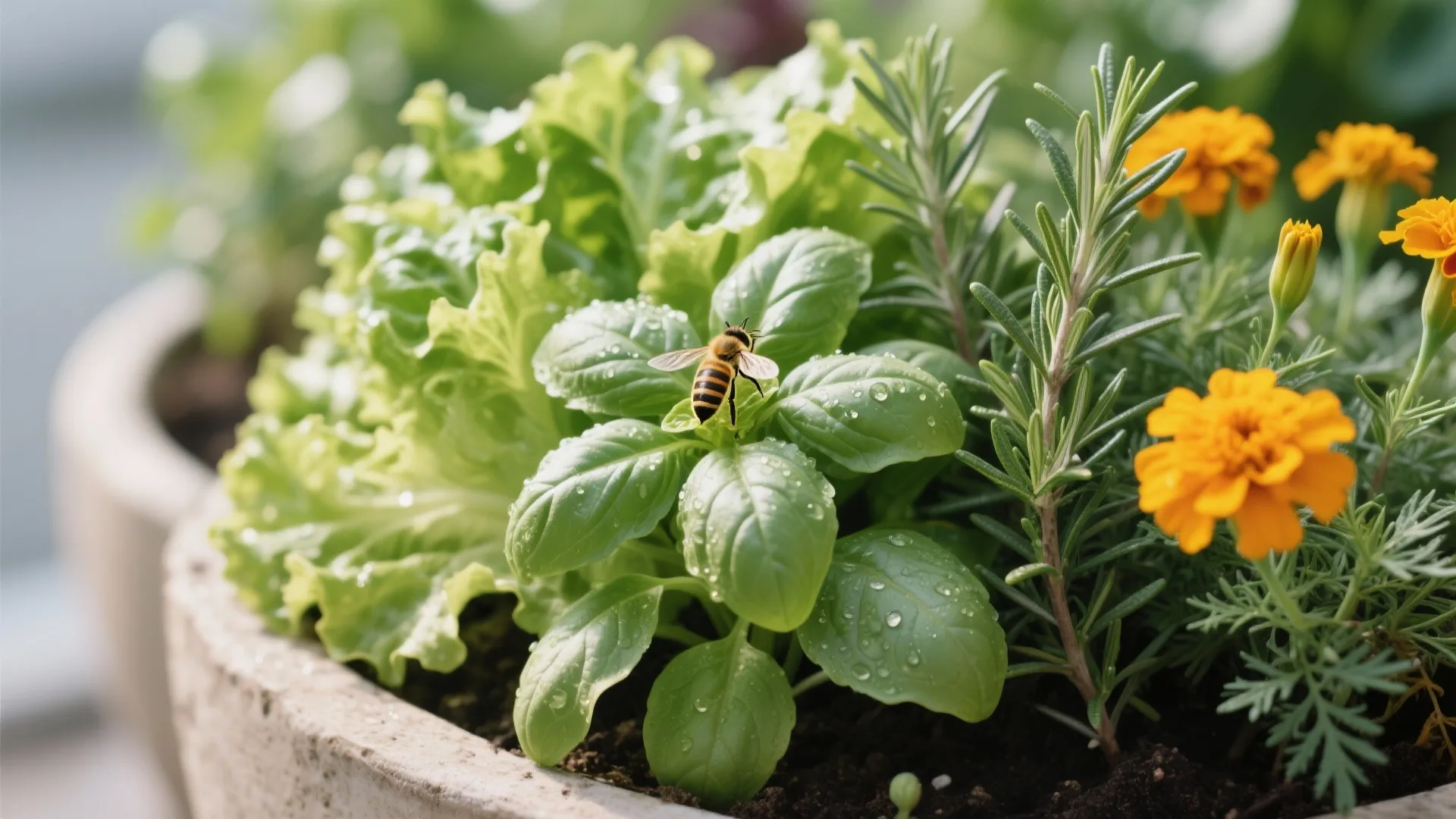 Macro of lettuce, basil, rosemary, and calendula with a bee on a balcony planter.