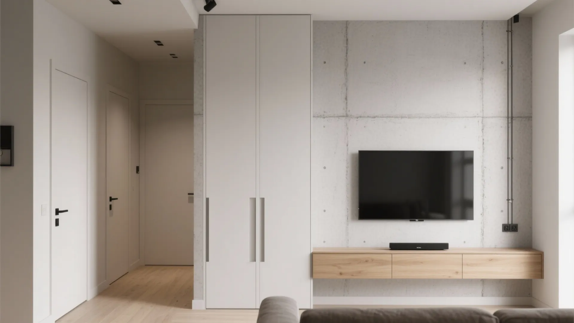 Modern living room with wall mounted television wooden cabinet white tall storage and concrete wall